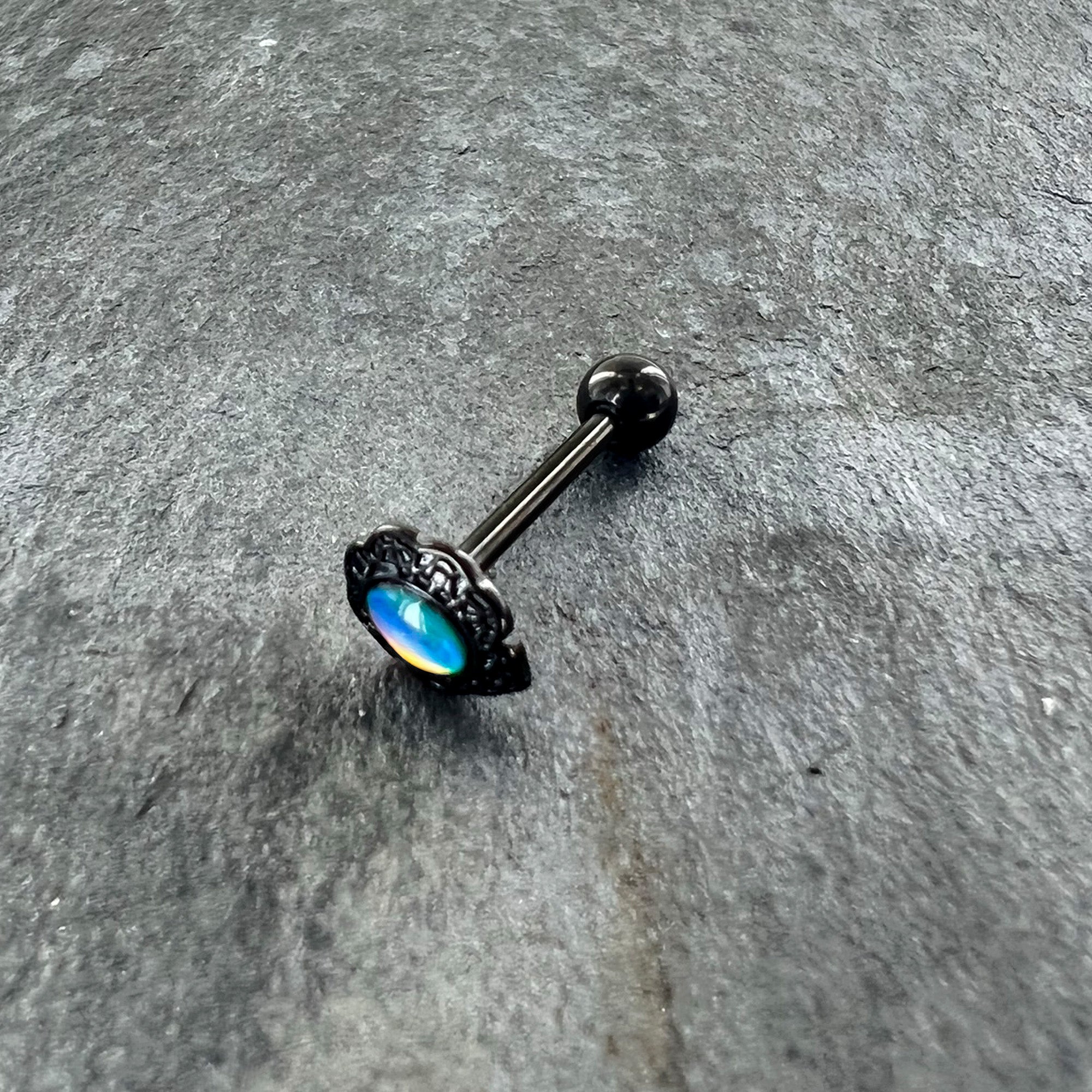 BodyCandy White Tourmaline Black Filigree Fairy Tale Barbell Tongue Ring — alternative angle