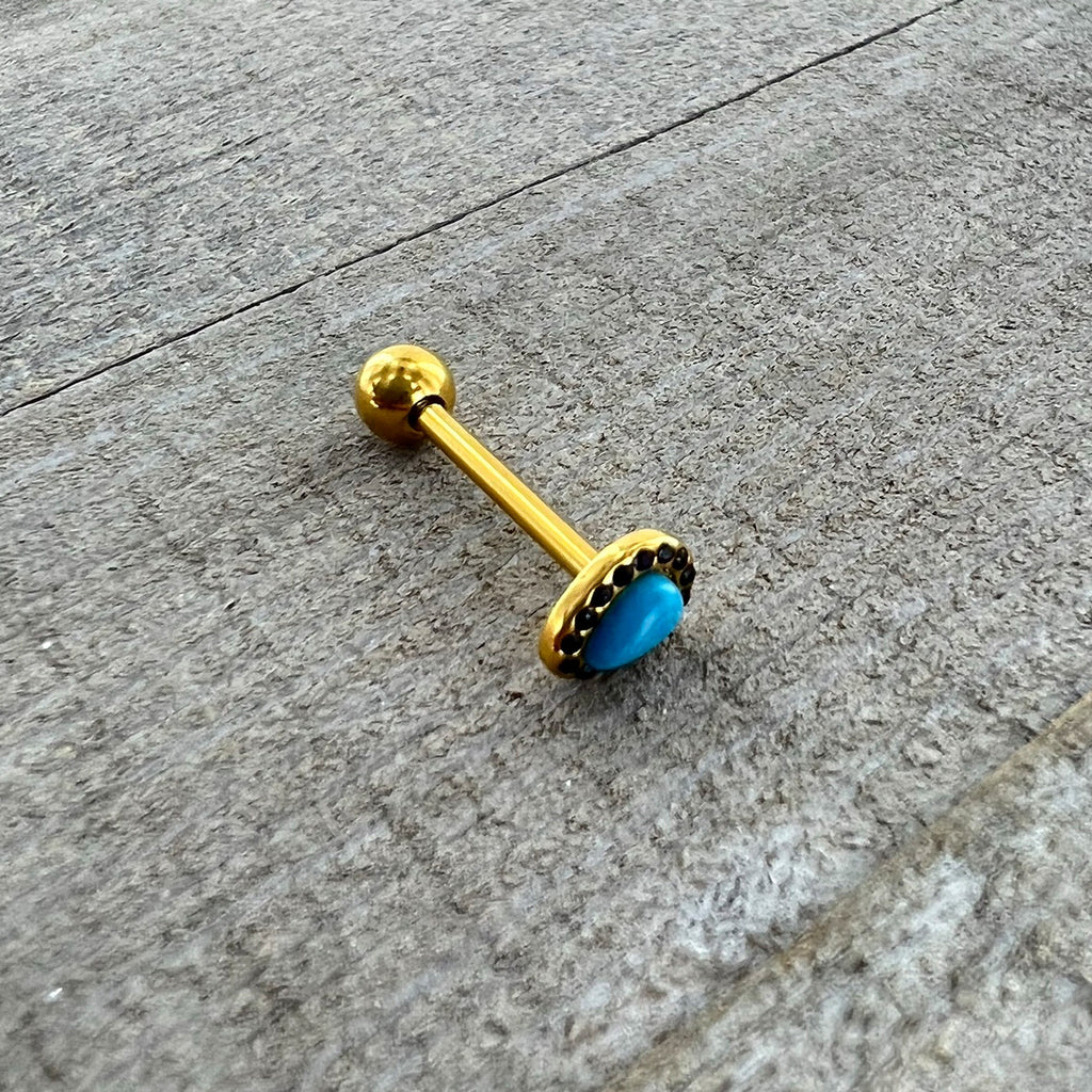 BodyCandy Gold Tone Southwestern Style Blue Drop Barbell Tongue Ring — in-use photo