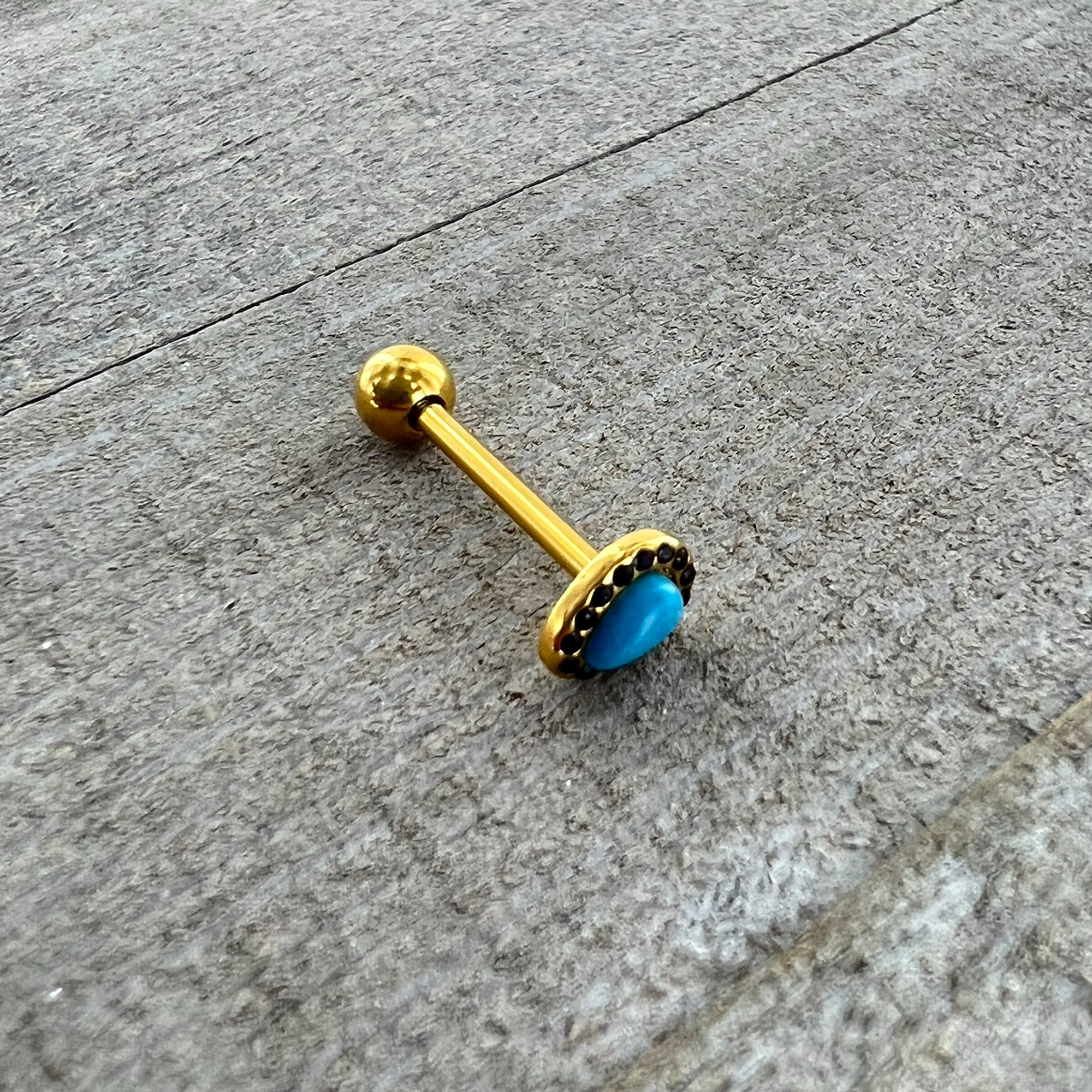 BodyCandy Gold Tone Southwestern Style Blue Drop Barbell Tongue Ring — in-use photo