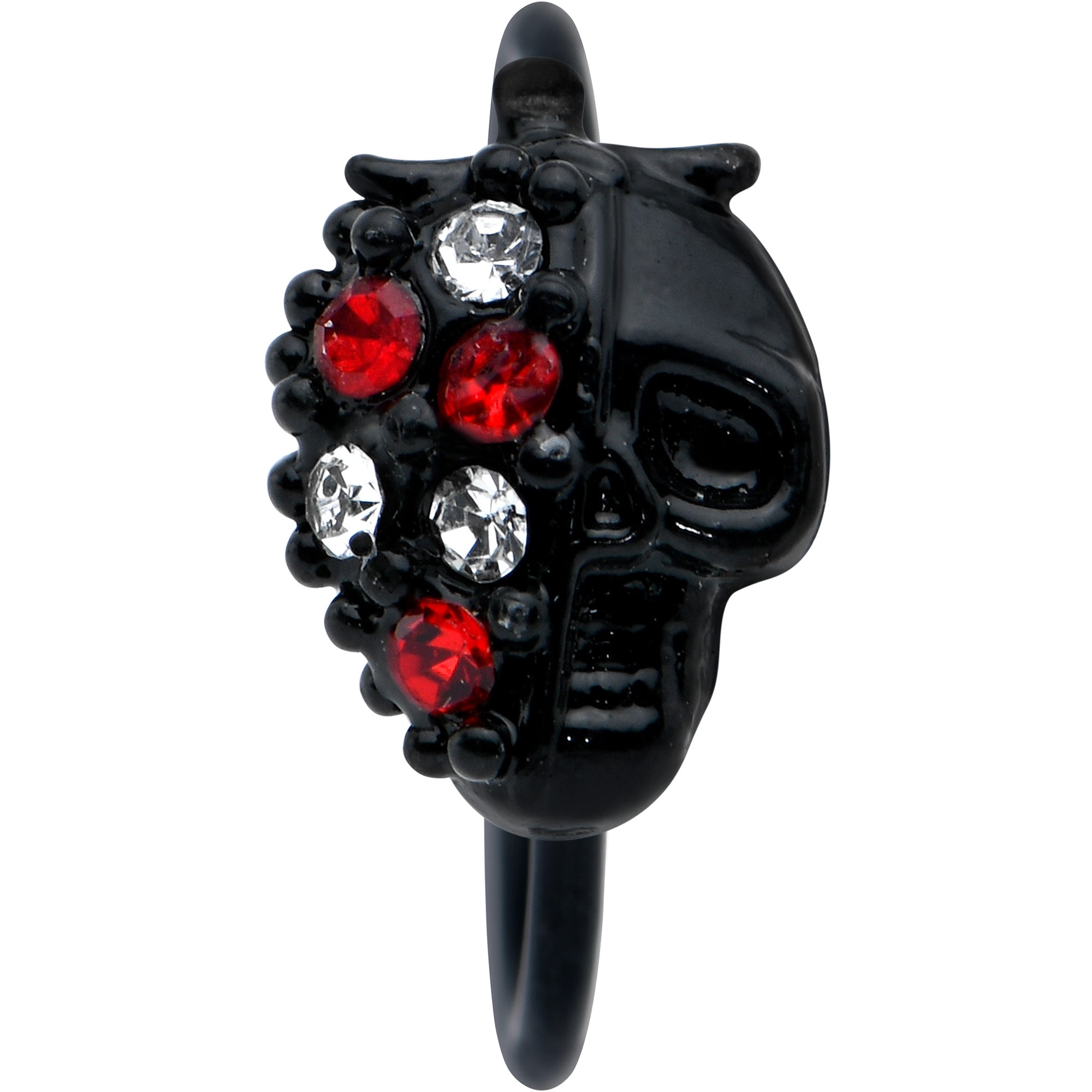 BodyCandy 20G 5/16 Red Clear Gem Black Skull Halloween Nose Hoop — detail close-up