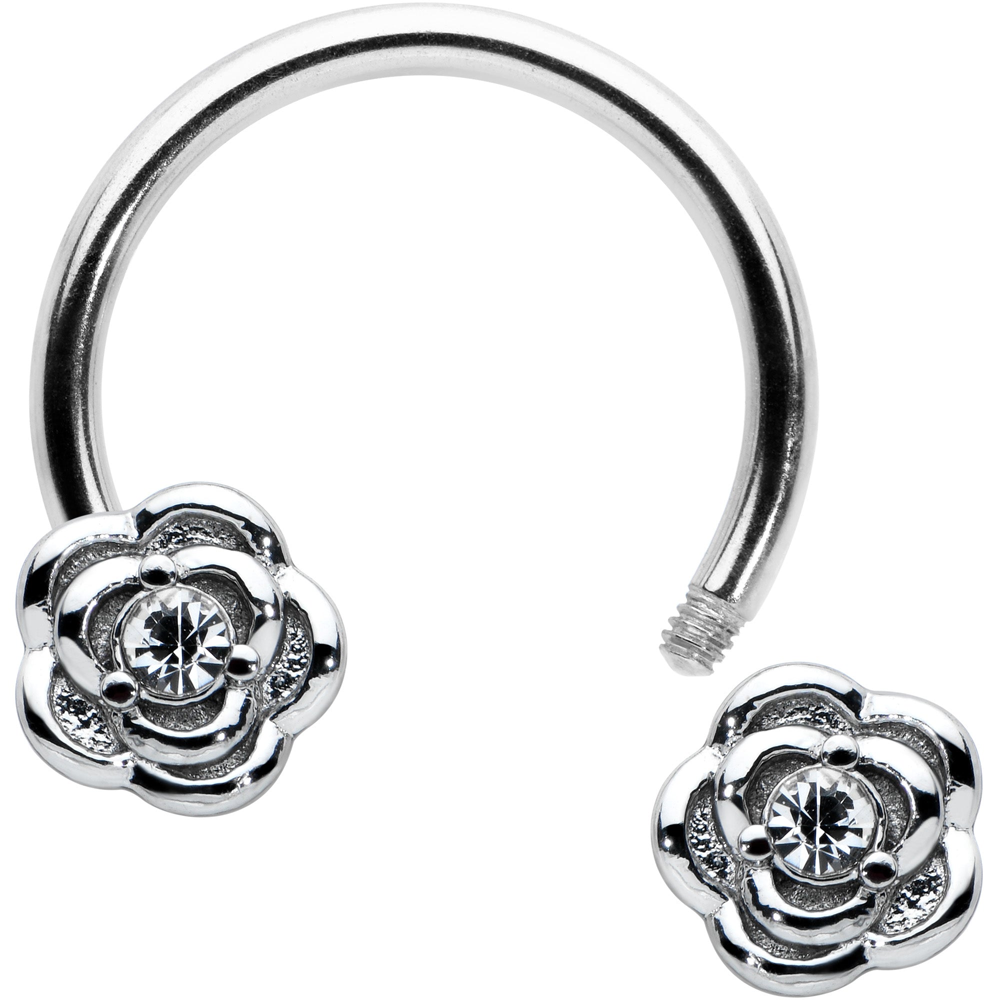 BodyCandy 16G 3/8 Textured Blooming Flowers Horseshoe Circular Barbell — detail close-up