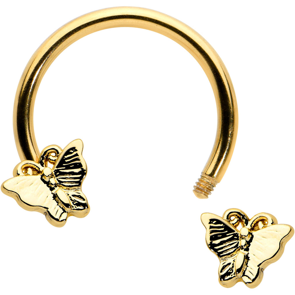 BodyCandy 16G 3/8 Gold Tone Burnished Butterflies Horseshoe Circular Barbell — detail close-up