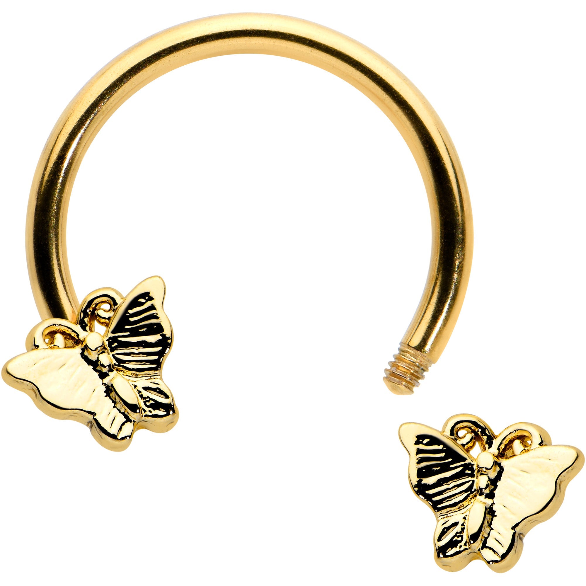 BodyCandy 16G 3/8 Gold Tone Burnished Butterflies Horseshoe Circular Barbell — detail close-up