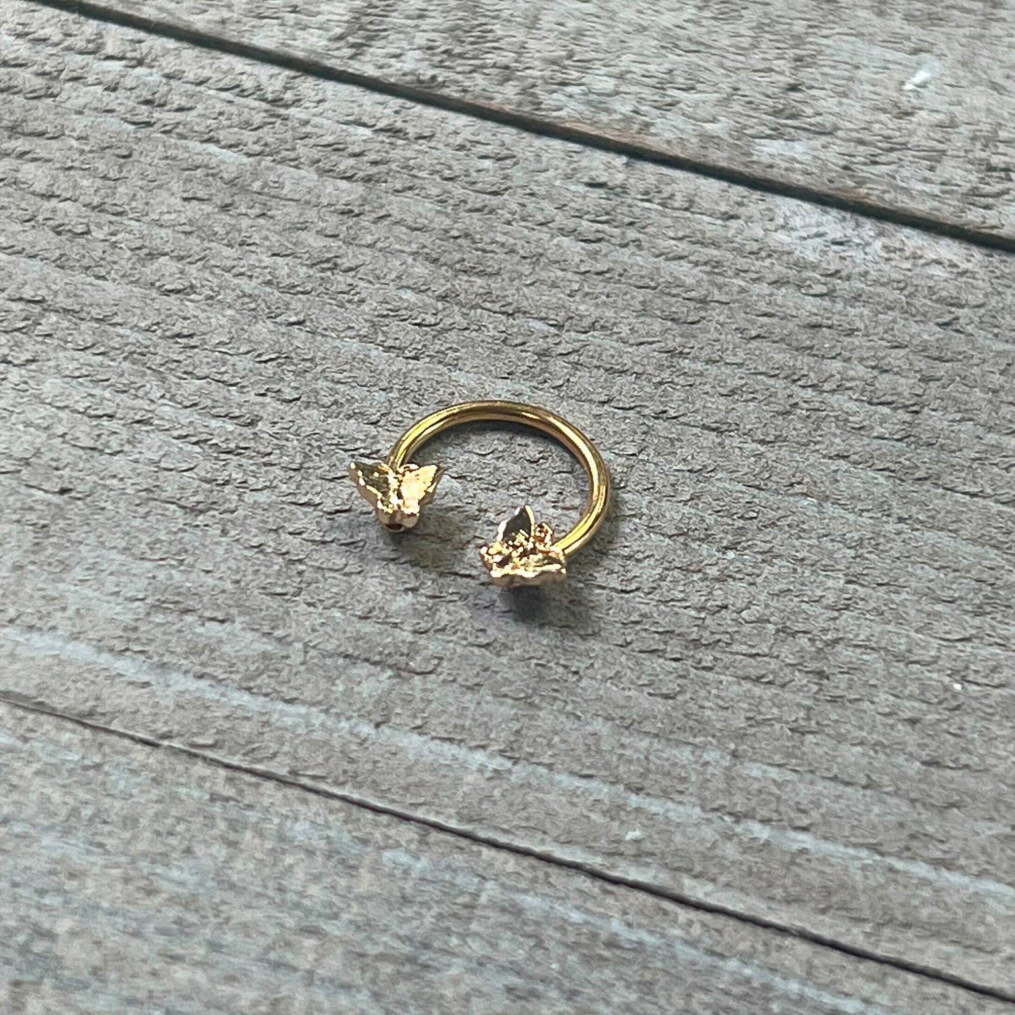BodyCandy 16G 3/8 Gold Tone Burnished Butterflies Horseshoe Circular Barbell — side view