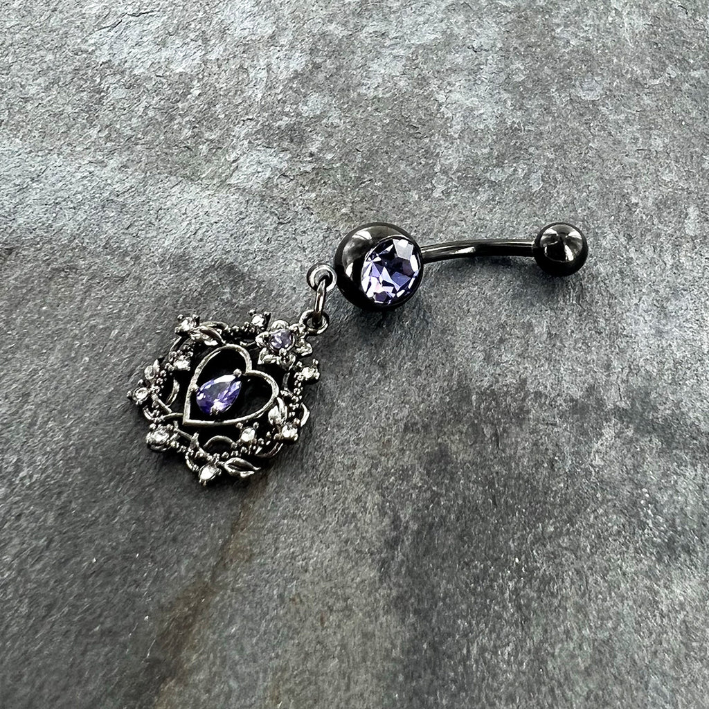 BodyCandy Purple Gem Black Regal Crown Dangle Belly Ring — detail close-up
