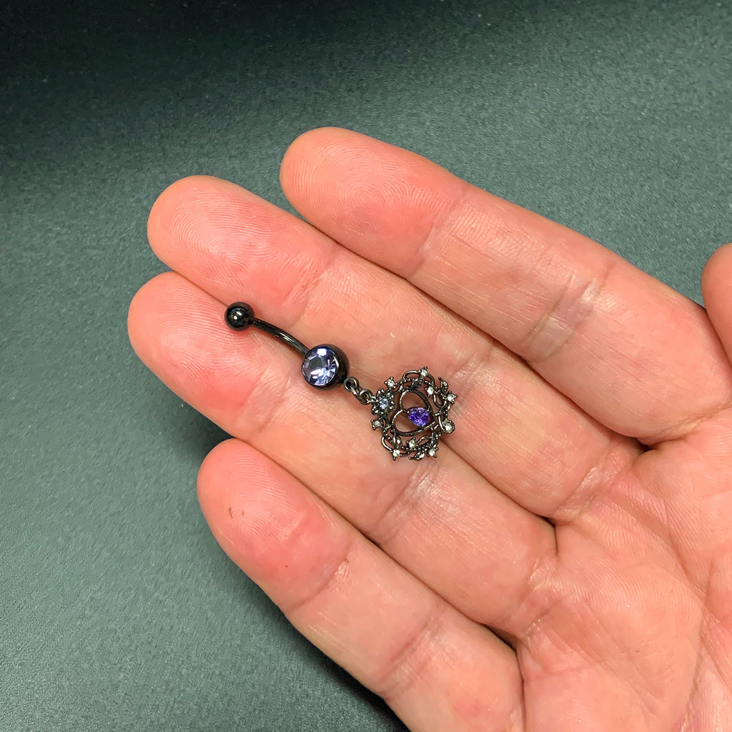 BodyCandy Purple Gem Black Regal Crown Dangle Belly Ring — back view