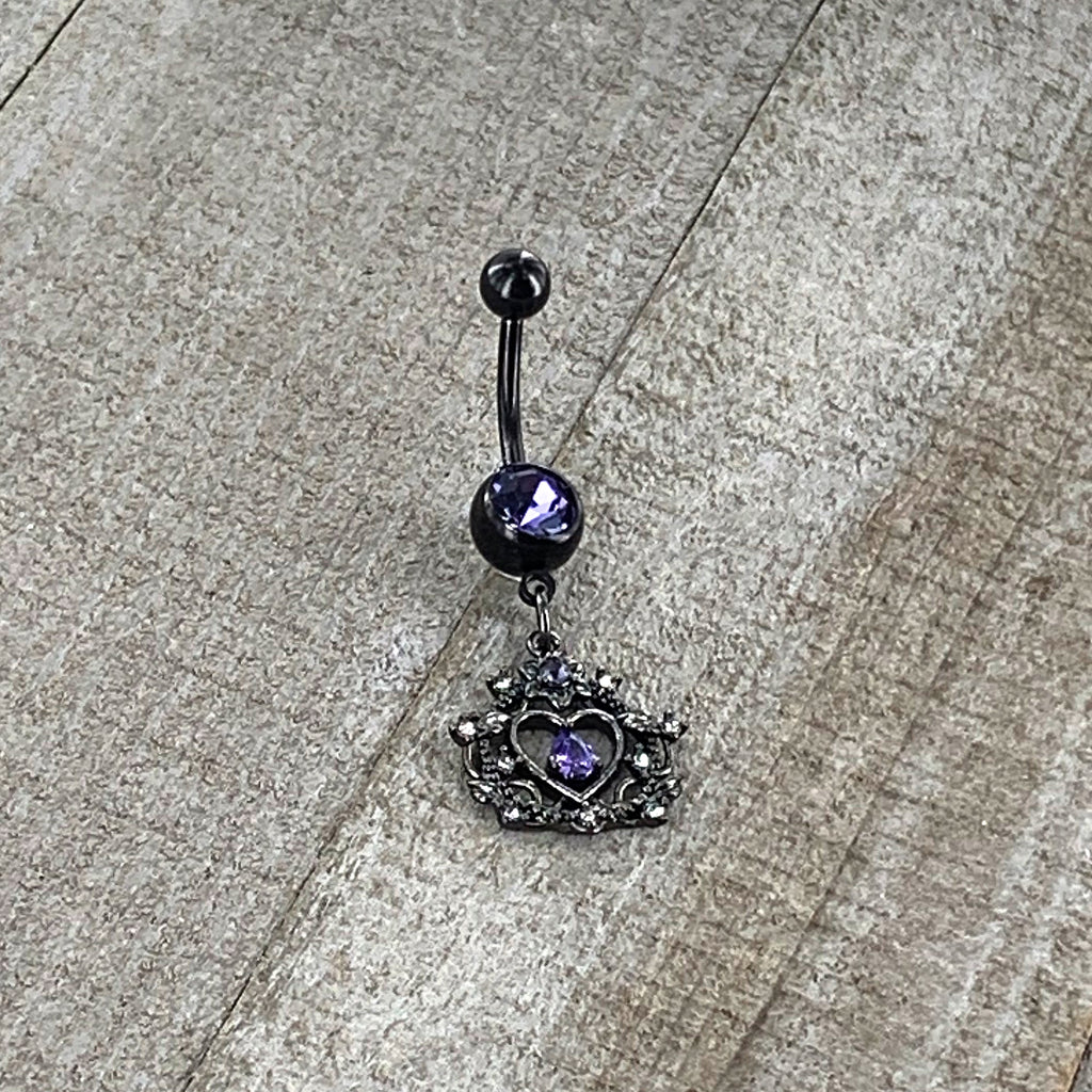 BodyCandy Purple Gem Black Regal Crown Dangle Belly Ring — in-use photo