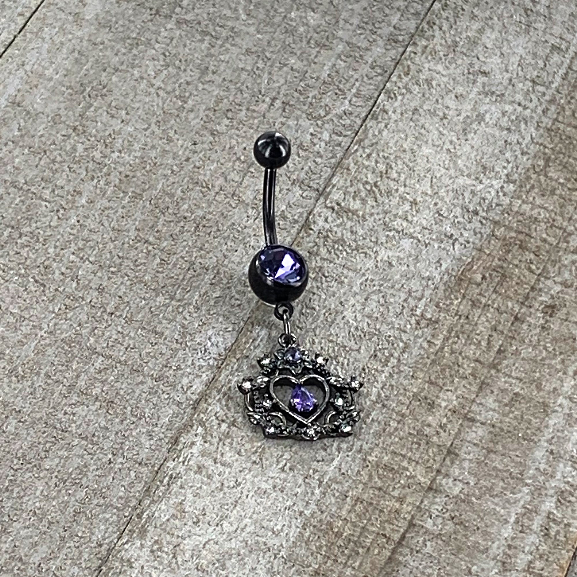 BodyCandy Purple Gem Black Regal Crown Dangle Belly Ring — in-use photo