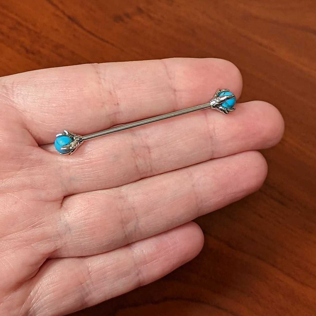 BodyCandy 14G Blue Turquoise Stone Claw Hands Industrial Barbell 38mm — back view