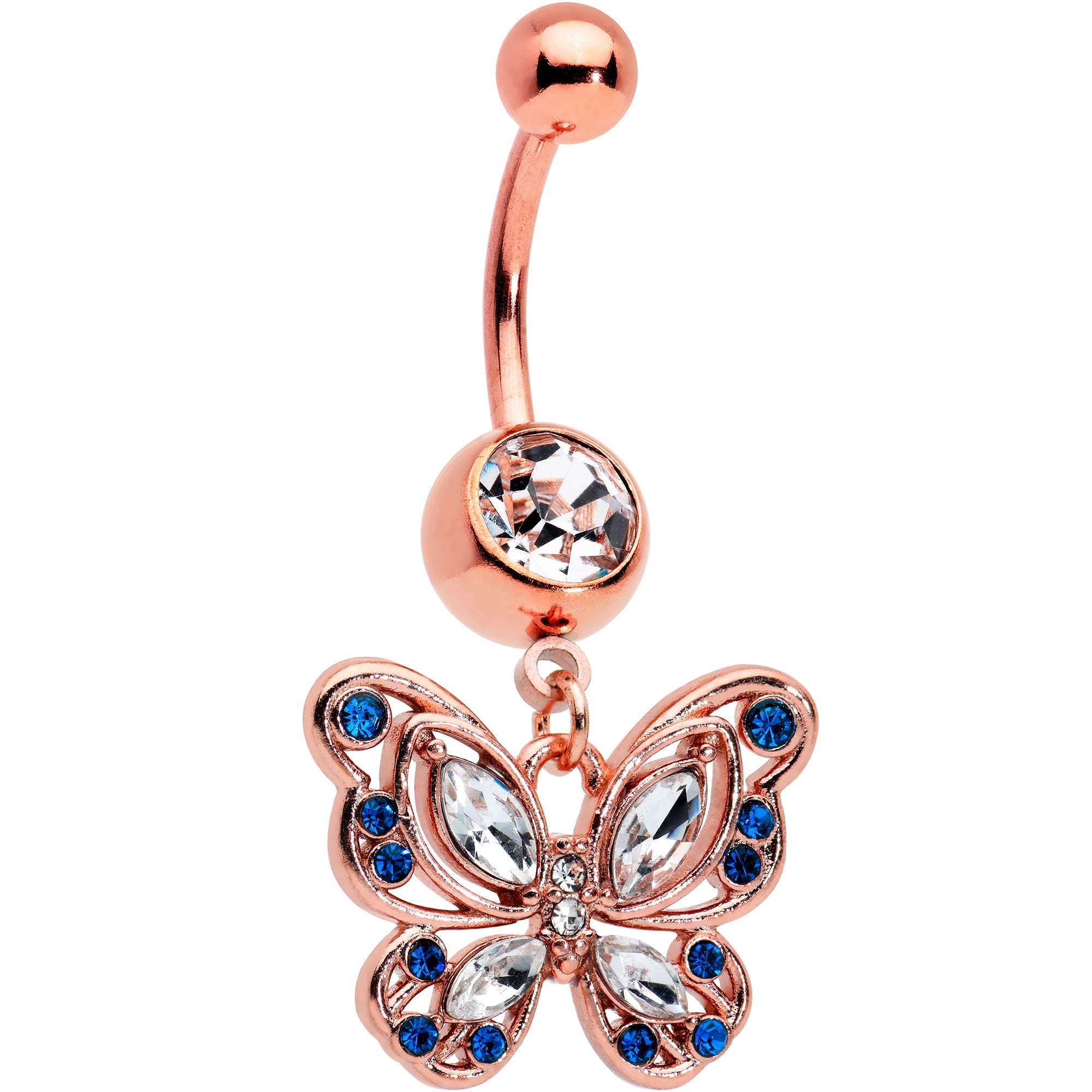 BodyCandy Blue Clear Gem Rose Gold Tone Butterfly Wings Dangle Belly Ring — main product shot