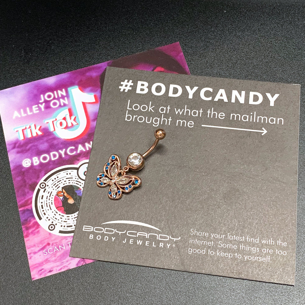 BodyCandy Blue Clear Gem Rose Gold Tone Butterfly Wings Dangle Belly Ring — side view