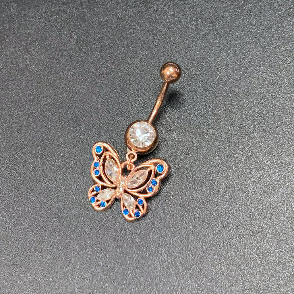 BodyCandy Blue Clear Gem Rose Gold Tone Butterfly Wings Dangle Belly Ring — back view