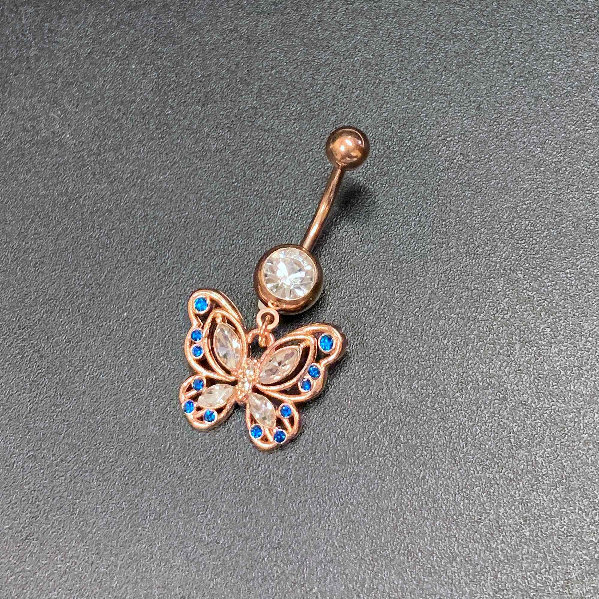 BodyCandy Blue Clear Gem Rose Gold Tone Butterfly Wings Dangle Belly Ring — back view