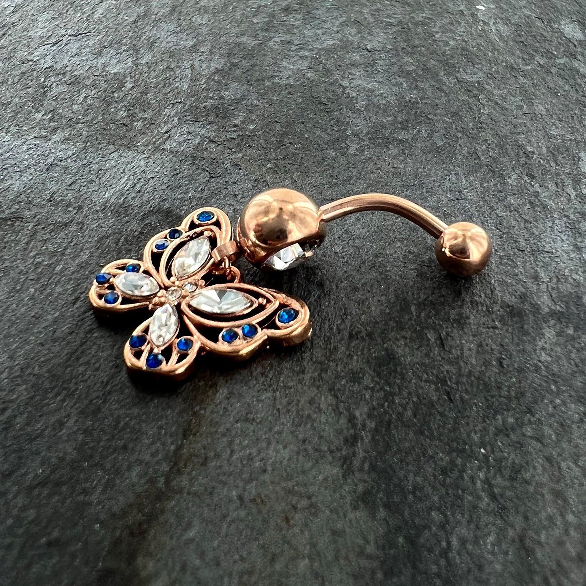 BodyCandy Blue Clear Gem Rose Gold Tone Butterfly Wings Dangle Belly Ring — alternative angle