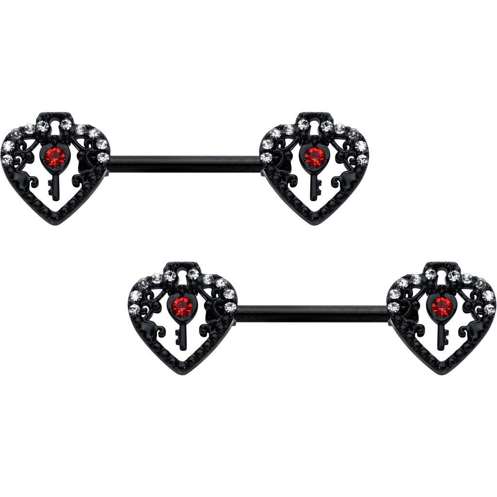 BodyCandy 14G 9/16 Red Clear Gem Black Key Heart Barbell Nipple Ring Set — main product shot
