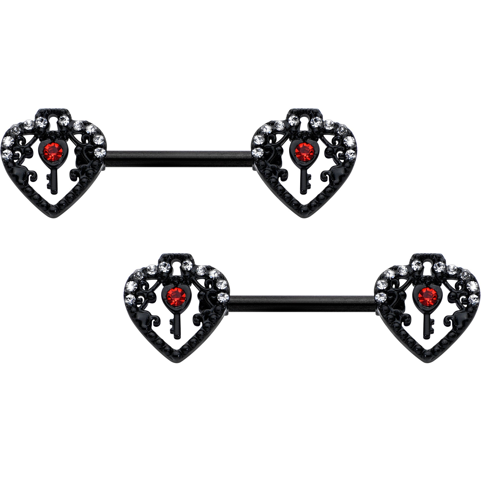 BodyCandy 14G 9/16 Red Clear Gem Black Key Heart Barbell Nipple Ring Set — main product shot
