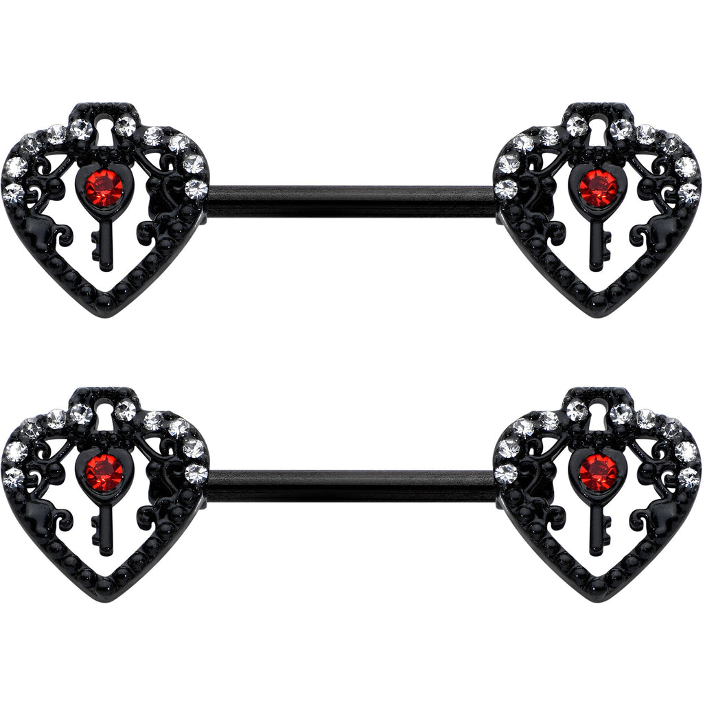 BodyCandy 14G 9/16 Red Clear Gem Black Key Heart Barbell Nipple Ring Set — detail close-up