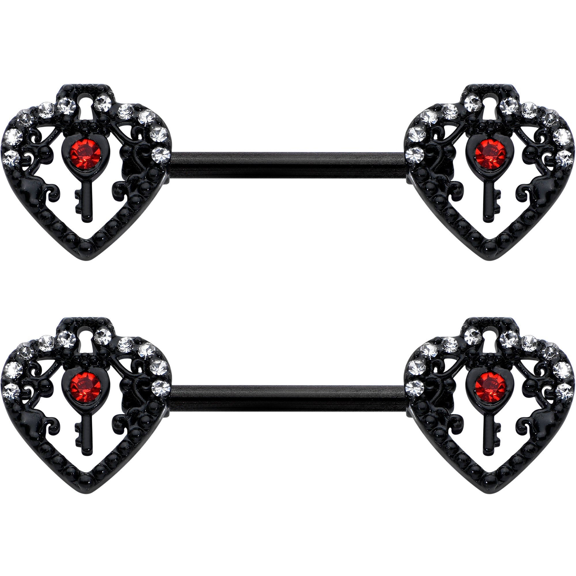 BodyCandy 14G 9/16 Red Clear Gem Black Key Heart Barbell Nipple Ring Set — detail close-up