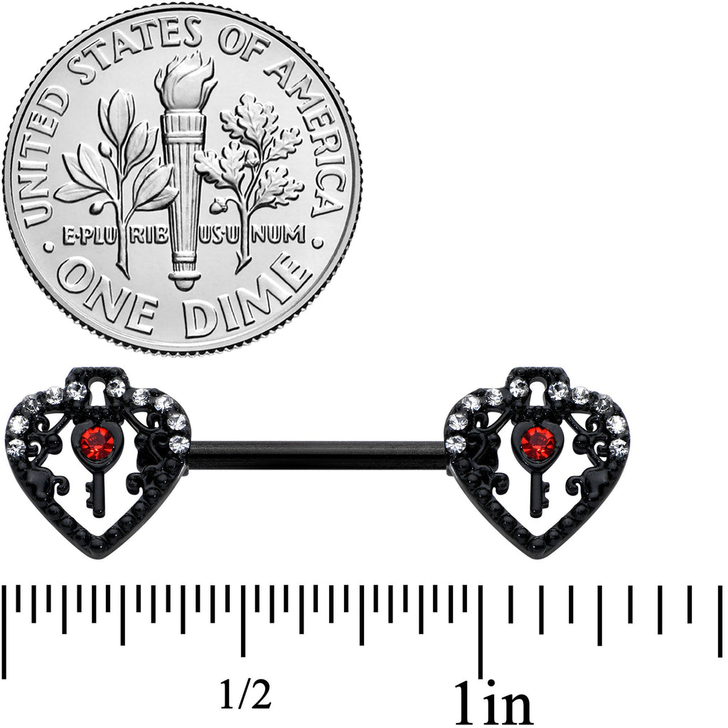 BodyCandy 14G 9/16 Red Clear Gem Black Key Heart Barbell Nipple Ring Set — lifestyle context