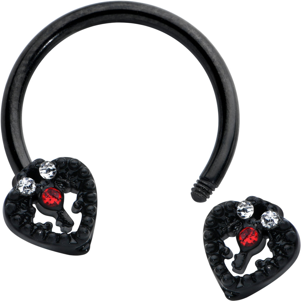 BodyCandy 16G 3/8 Clear Red Gem Black Key Heart Horseshoe Circular Barbell — detail close-up