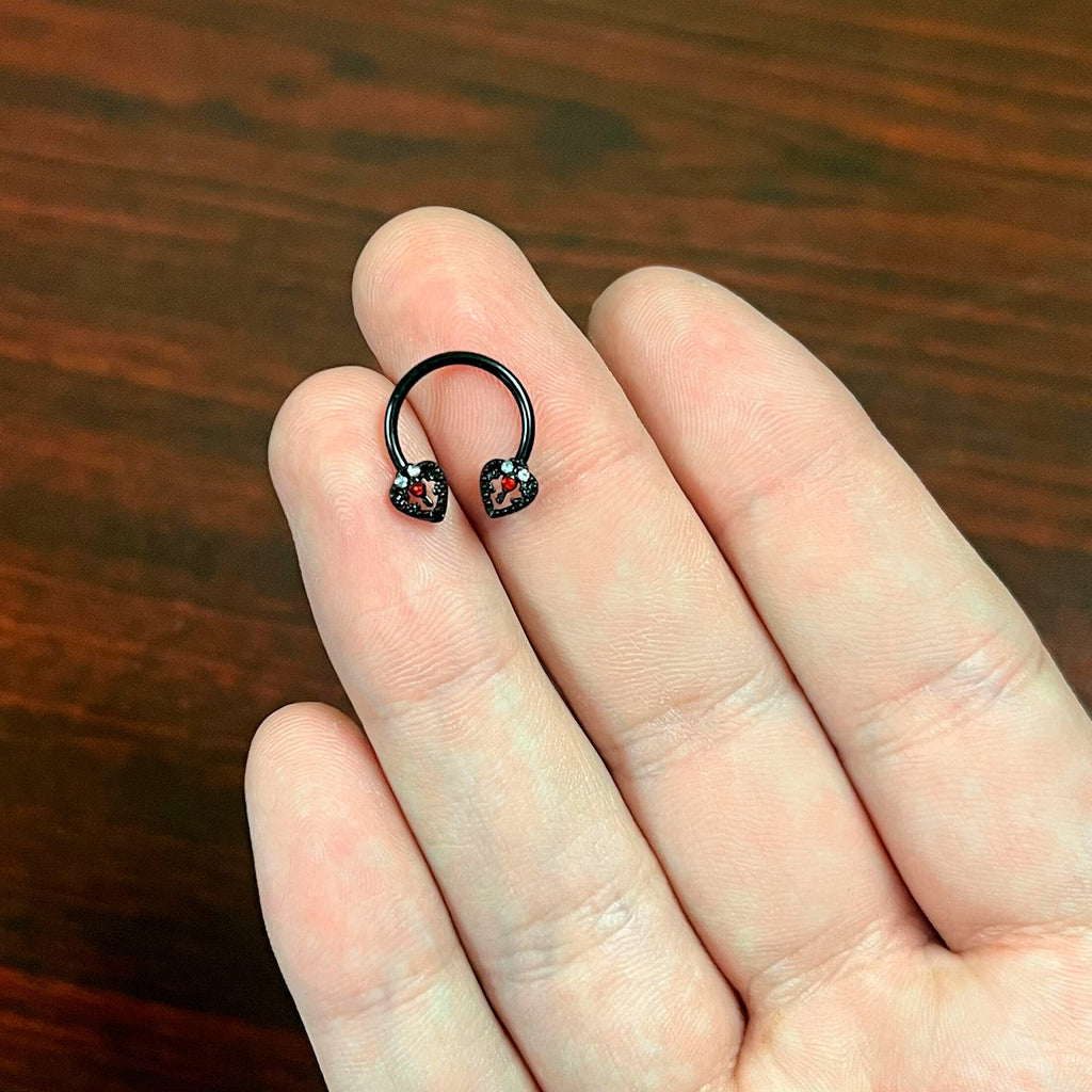 BodyCandy 16G 3/8 Clear Red Gem Black Key Heart Horseshoe Circular Barbell — back view