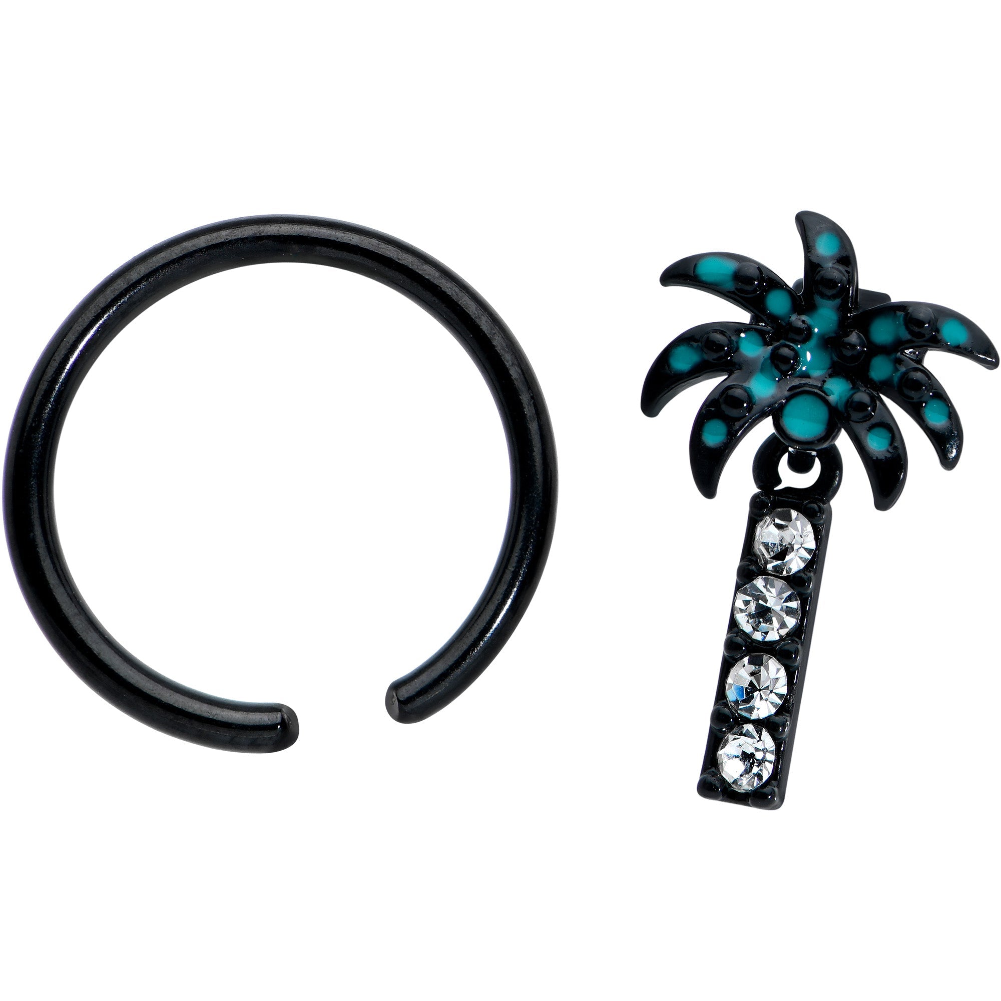 BodyCandy 16G 3/8 Clear Gem Black Night Palm Tree Dangle BCR Captive Ring — detail close-up
