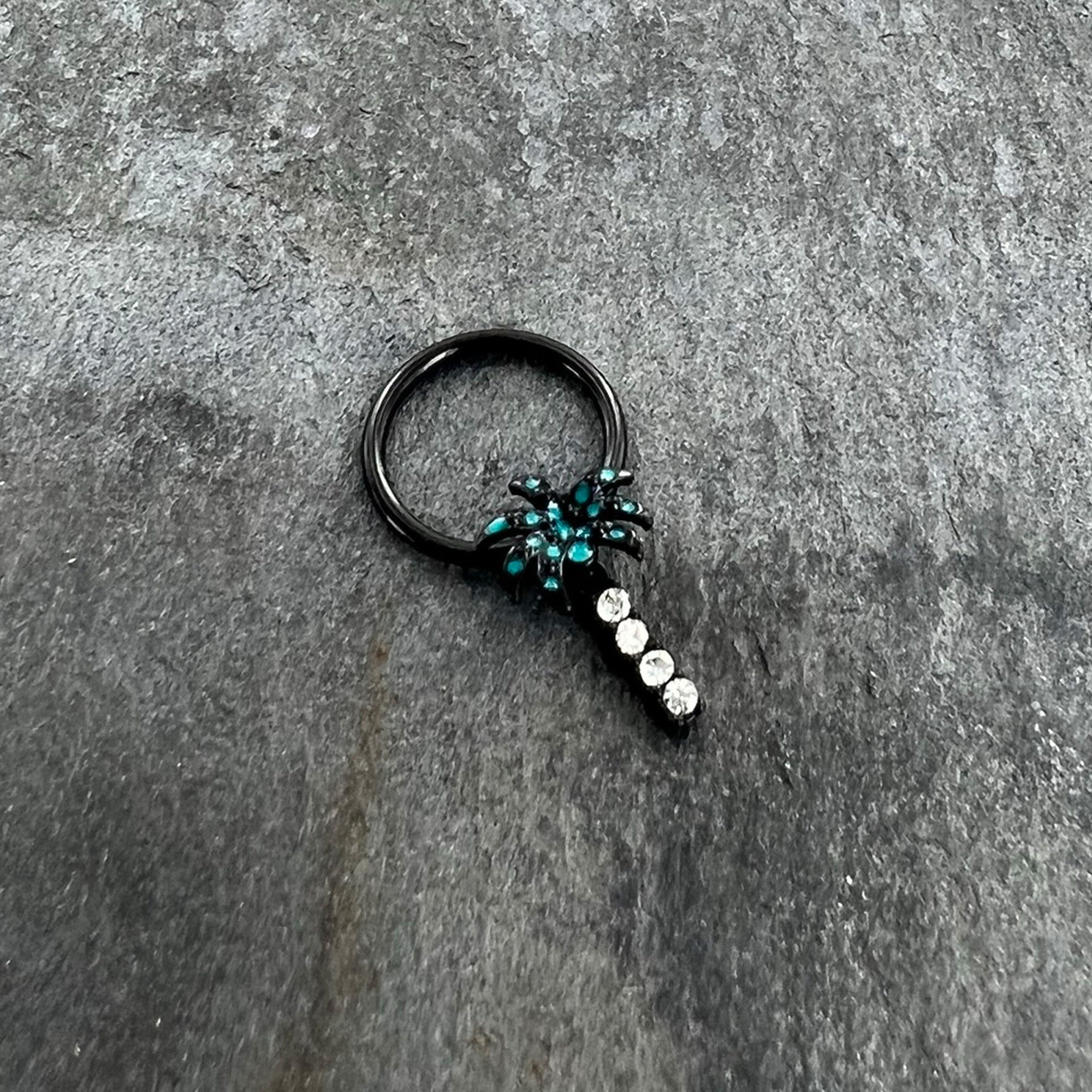 BodyCandy 16G 3/8 Clear Gem Black Night Palm Tree Dangle BCR Captive Ring — side view