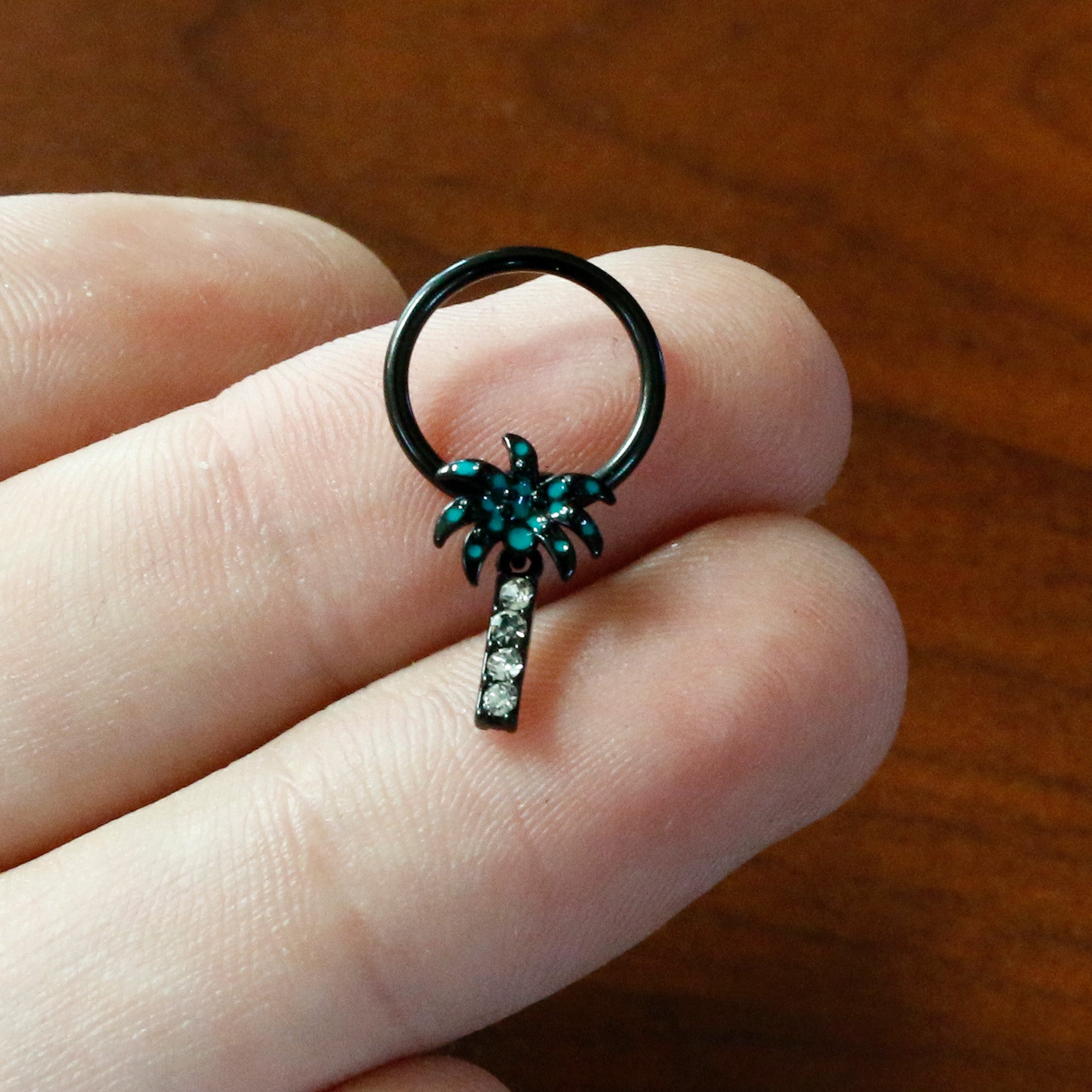BodyCandy 16G 3/8 Clear Gem Black Night Palm Tree Dangle BCR Captive Ring — back view