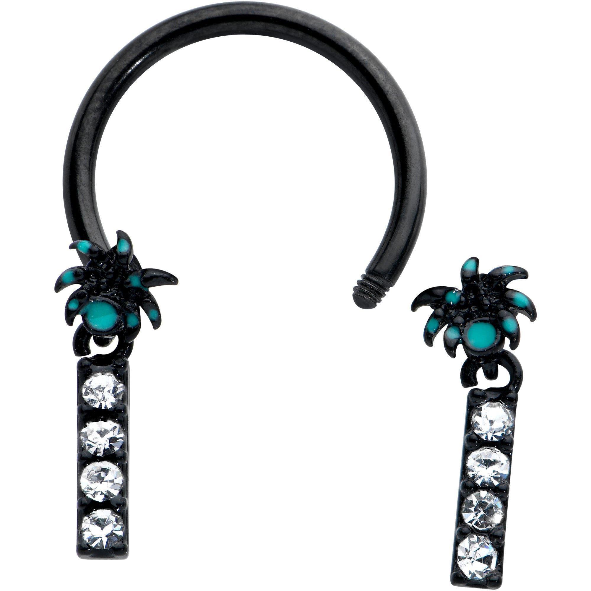 BodyCandy 16G 3/8 Clear Gem Black Night Palm Tree Dangle Horseshoe — detail close-up
