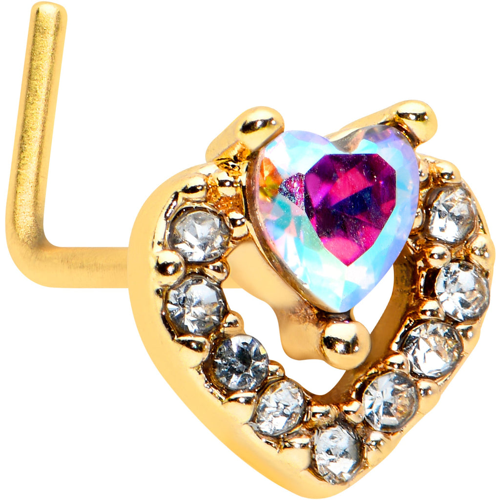 BodyCandy 20G 1/4 Aurora Gem Gold Tone Rococo Heart L Shape Nose Ring — main product shot