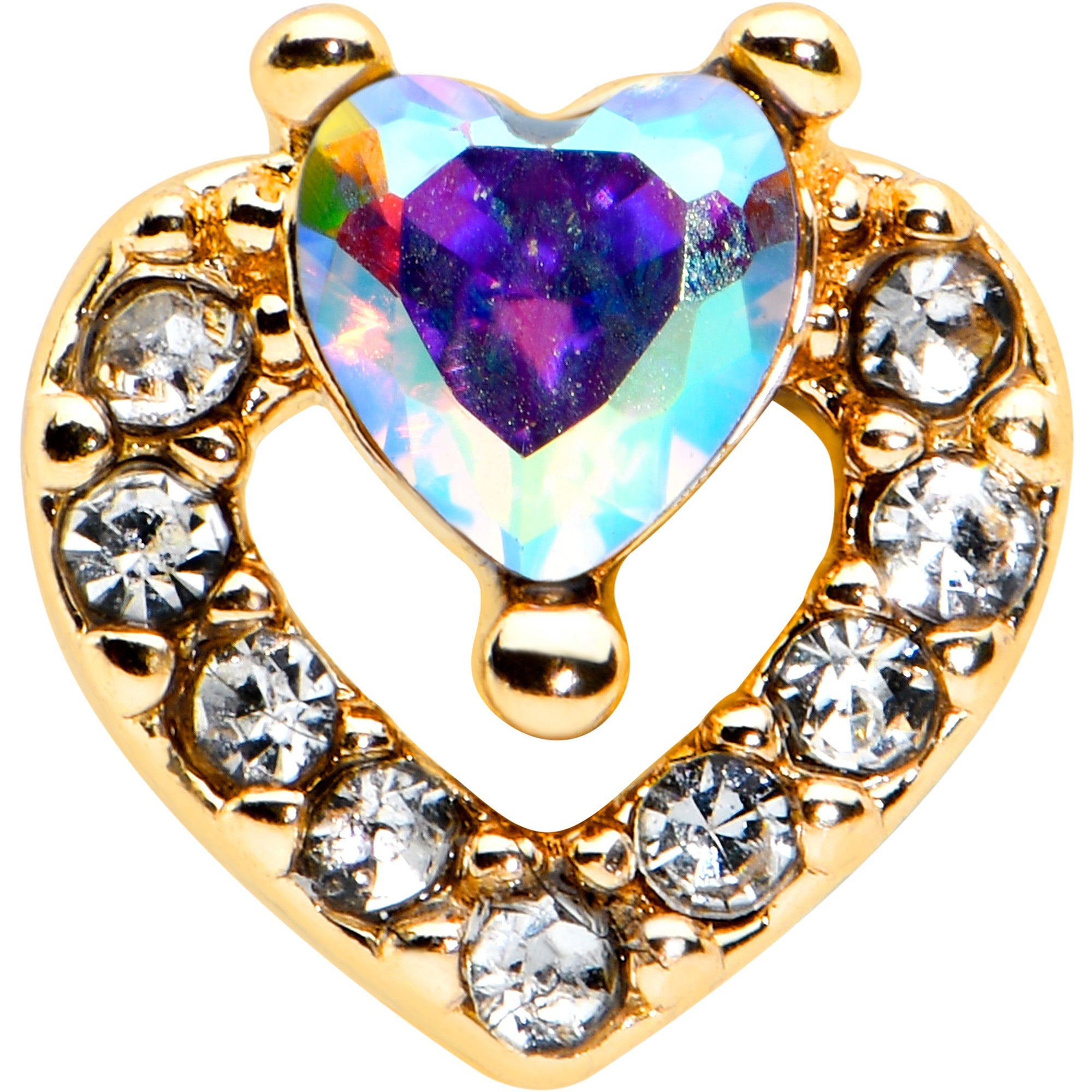 BodyCandy 20G 1/4 Aurora Gem Gold Tone Rococo Heart L Shape Nose Ring — detail close-up
