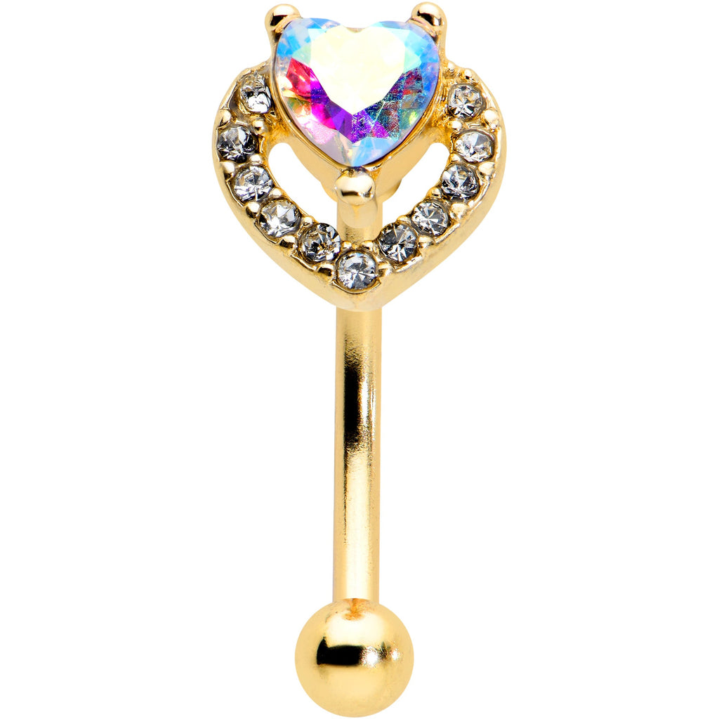 BodyCandy 16G 5/16 Aurora Gem Gold Tone Rococo Heart Curved Eyebrow Ring — detail close-up