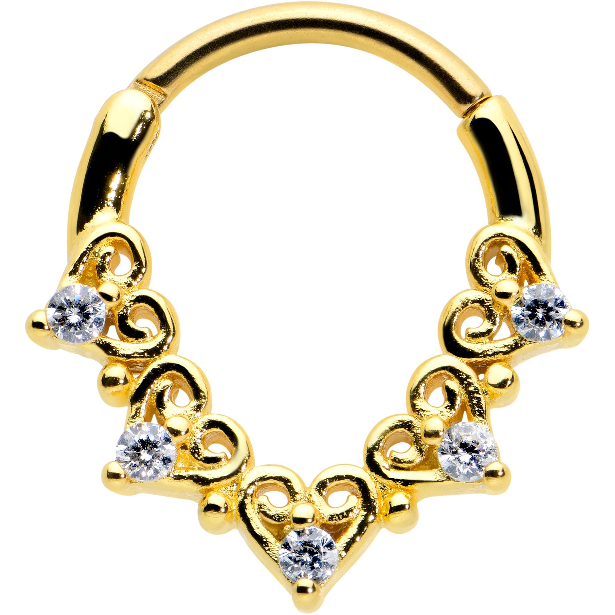 BodyCandy 16G 3/8 Clear CZ Gem Gold Tone Heart Filigree Cartilage Clicker — main product shot