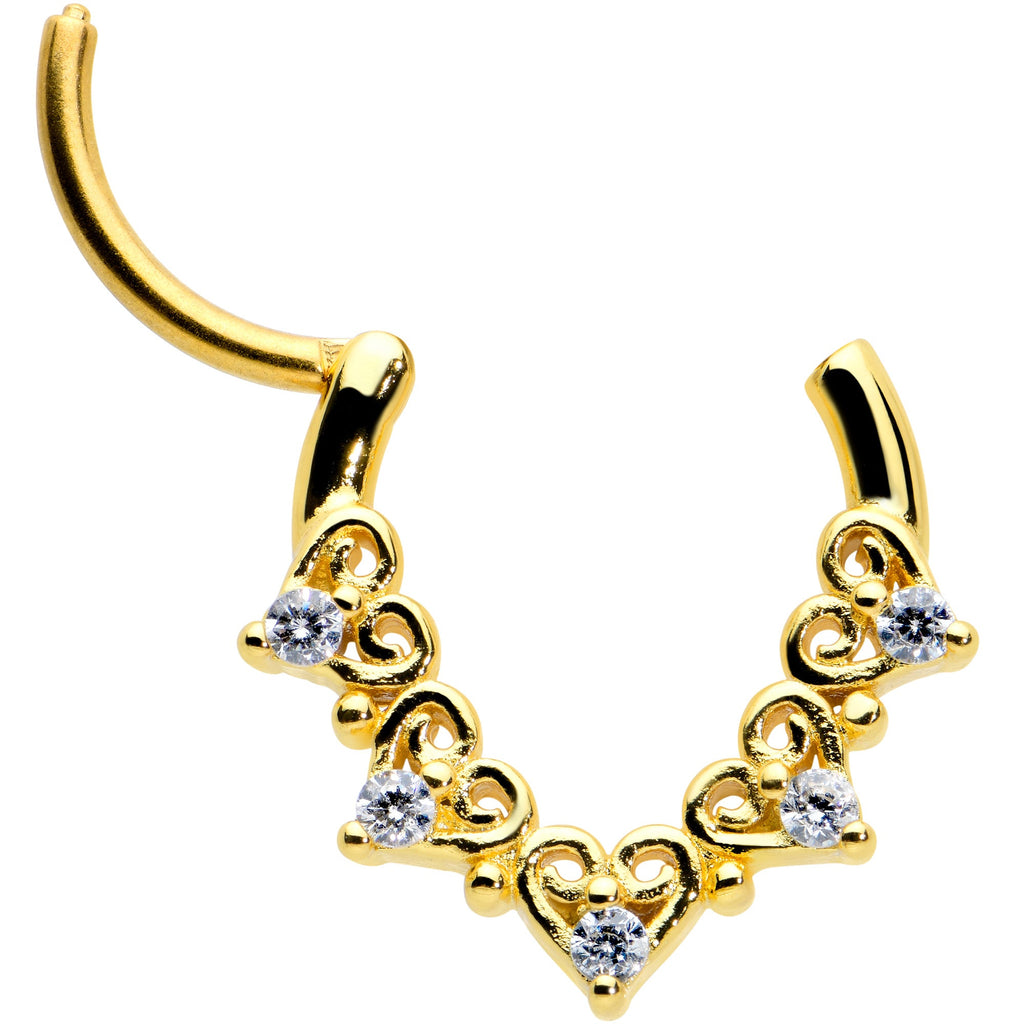 BodyCandy 16G 3/8 Clear CZ Gem Gold Tone Heart Filigree Cartilage Clicker — detail close-up