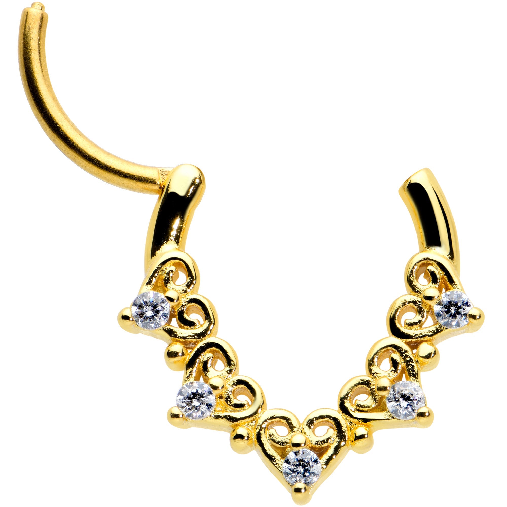BodyCandy 16G 3/8 Clear CZ Gem Gold Tone Heart Filigree Cartilage Clicker — detail close-up