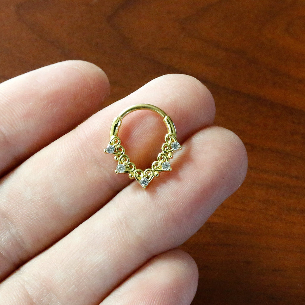 BodyCandy 16G 3/8 Clear CZ Gem Gold Tone Heart Filigree Cartilage Clicker — back view