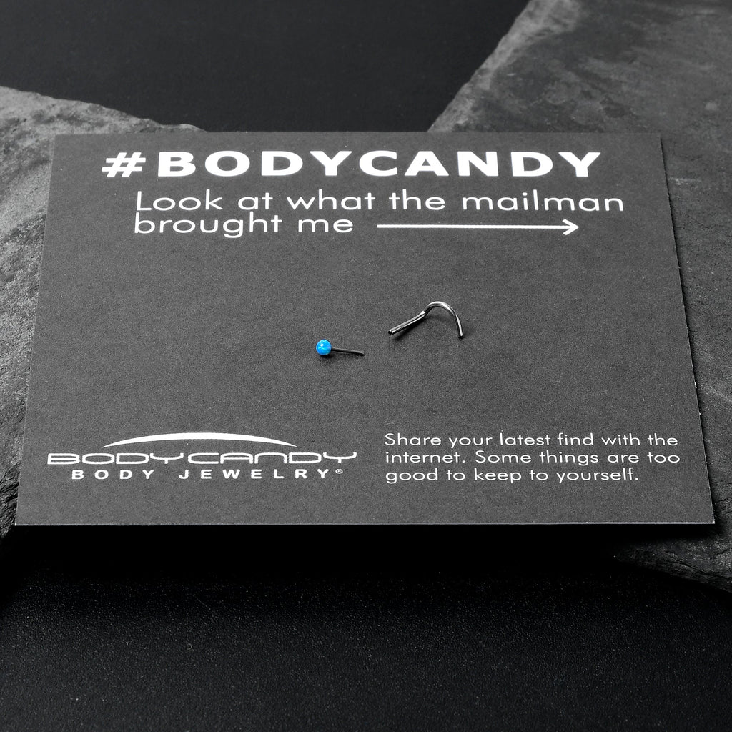 BodyCandy 20G 1/4 Blue Synth Opal G23 Titanium Threadless Left Nose Screw — in-use photo