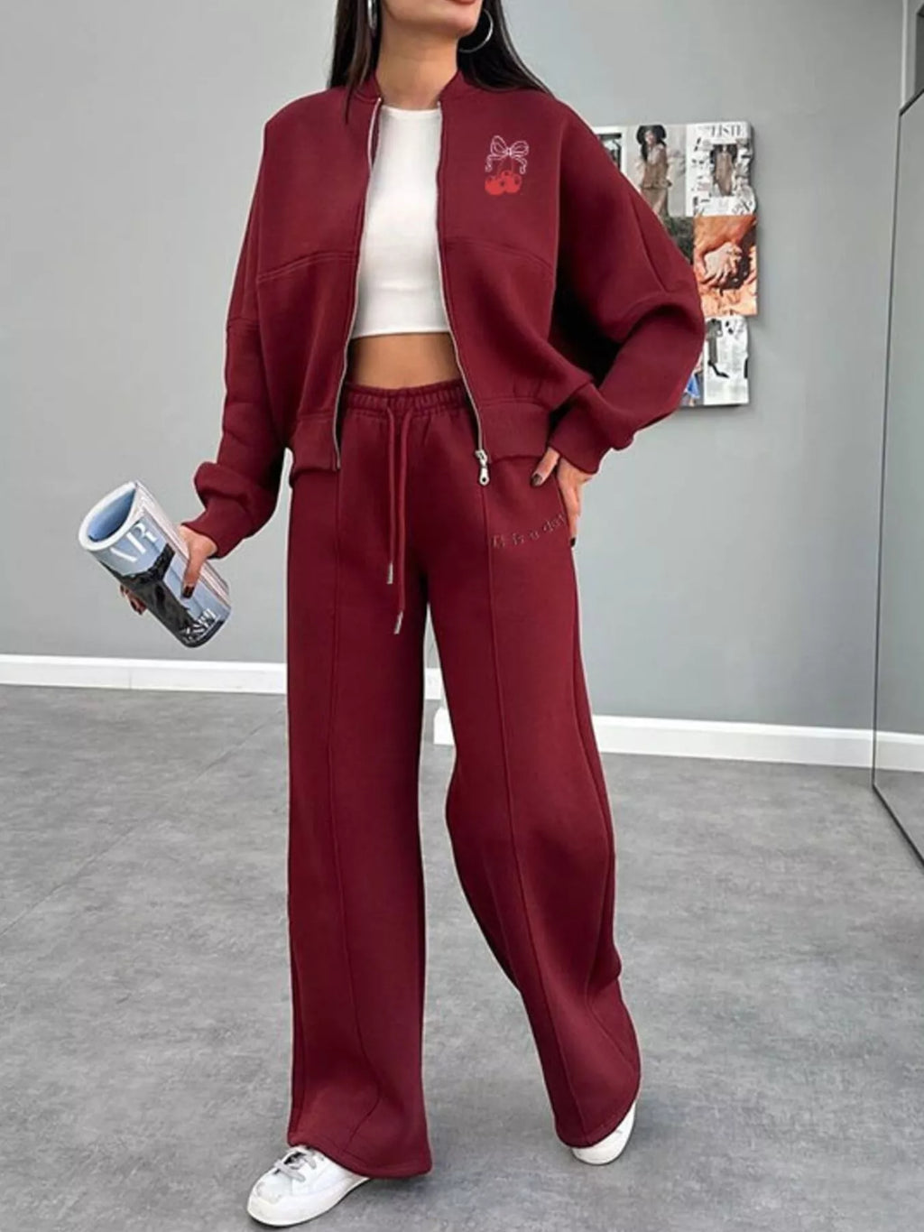 Zip Up Dropped Shoulder Outerwear and Pants Set