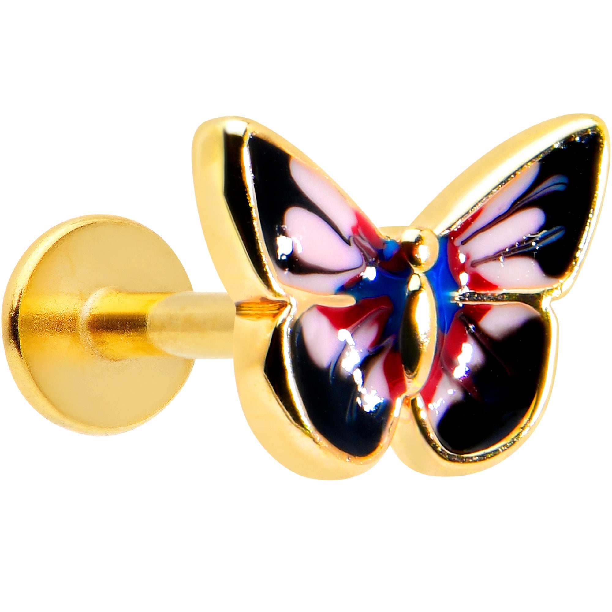 BodyCandy 16G 1/4 Gold Tone Red Pink Blue Butterfly Labret Monroe Tragus — main product shot