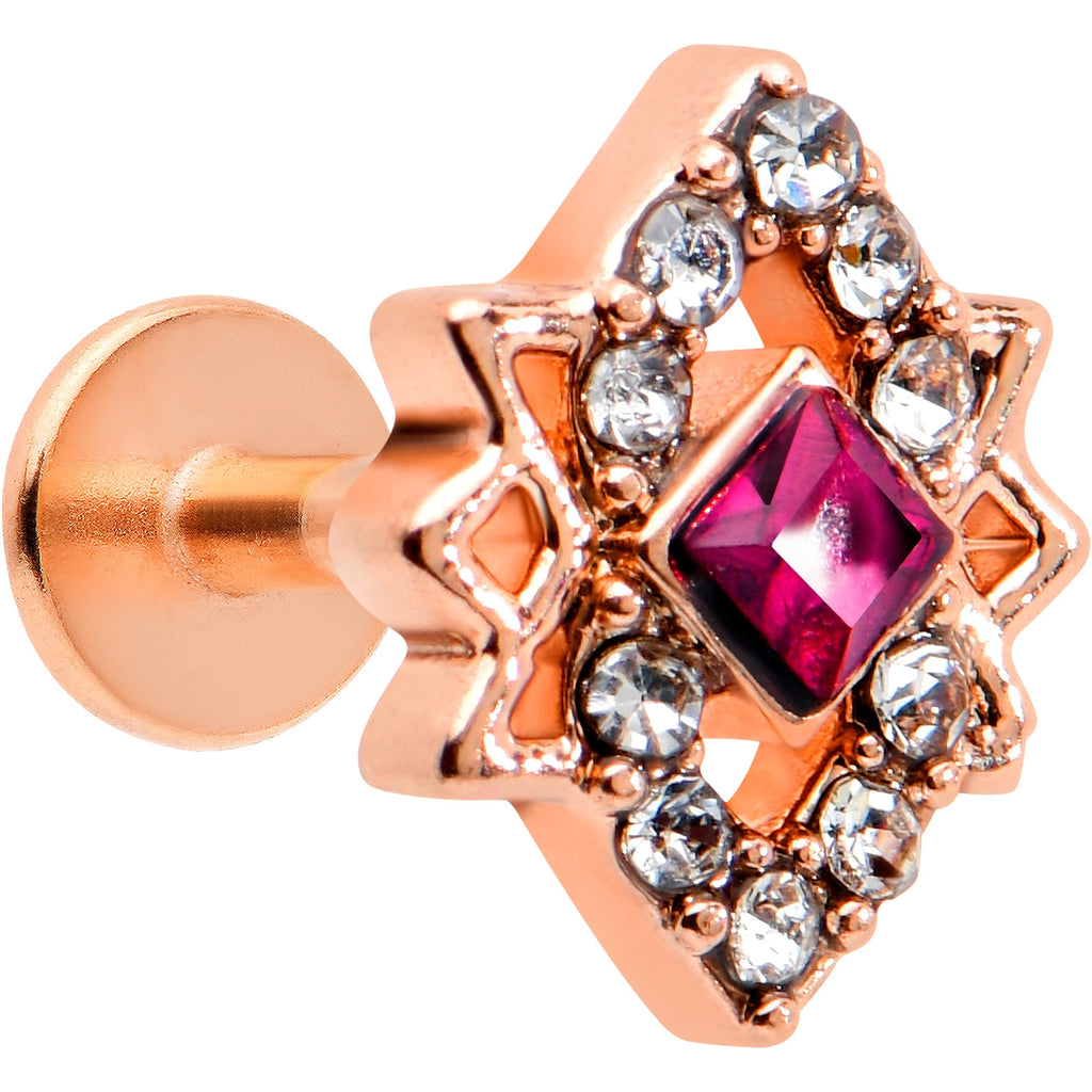 BodyCandy 16G 1/4 Red Gem Rose Gold Tone Octogram Star Labret Monroe Tragus — main product shot