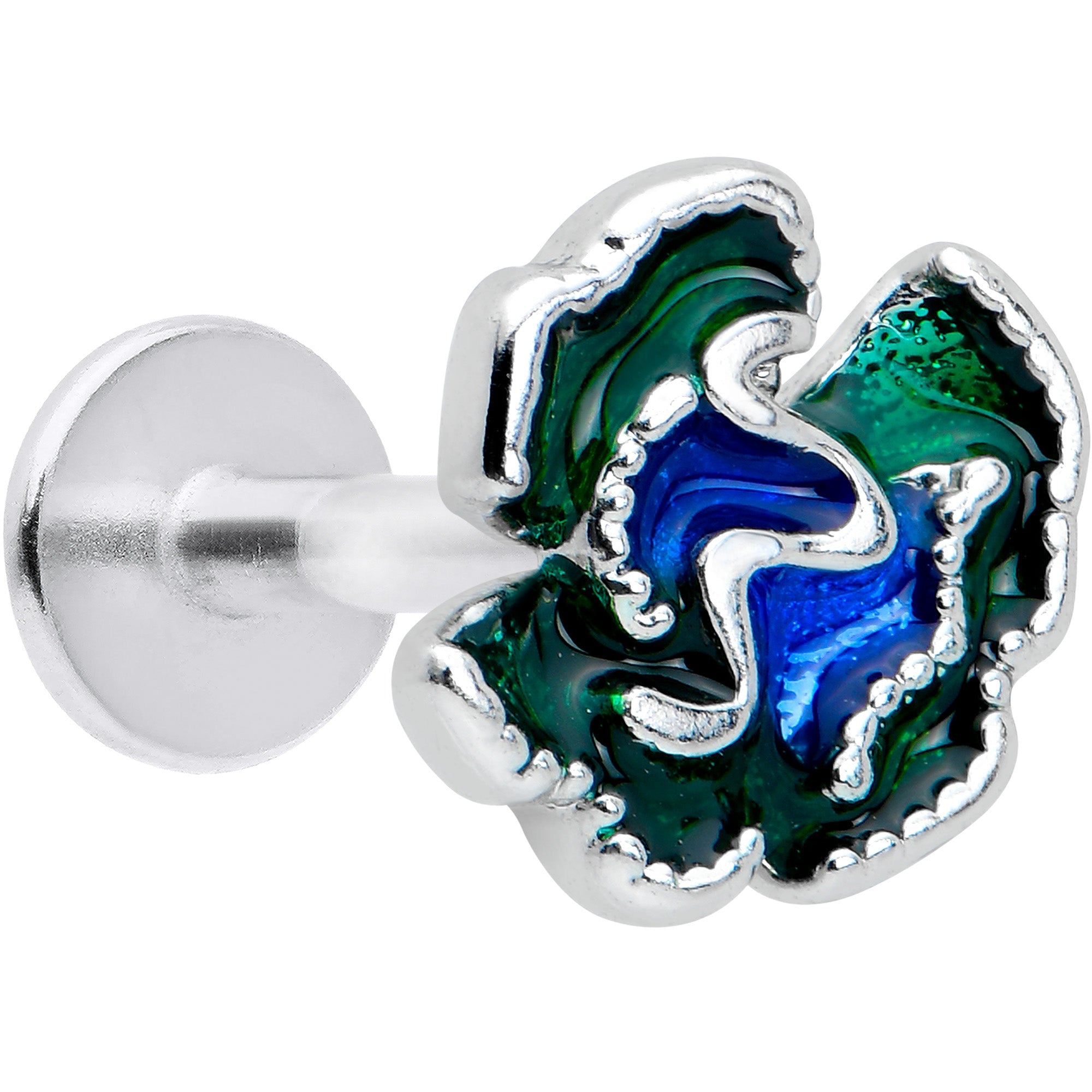BodyCandy 16G 1/4 Spring Flower Green Blue Labret Monroe Tragus — main product shot