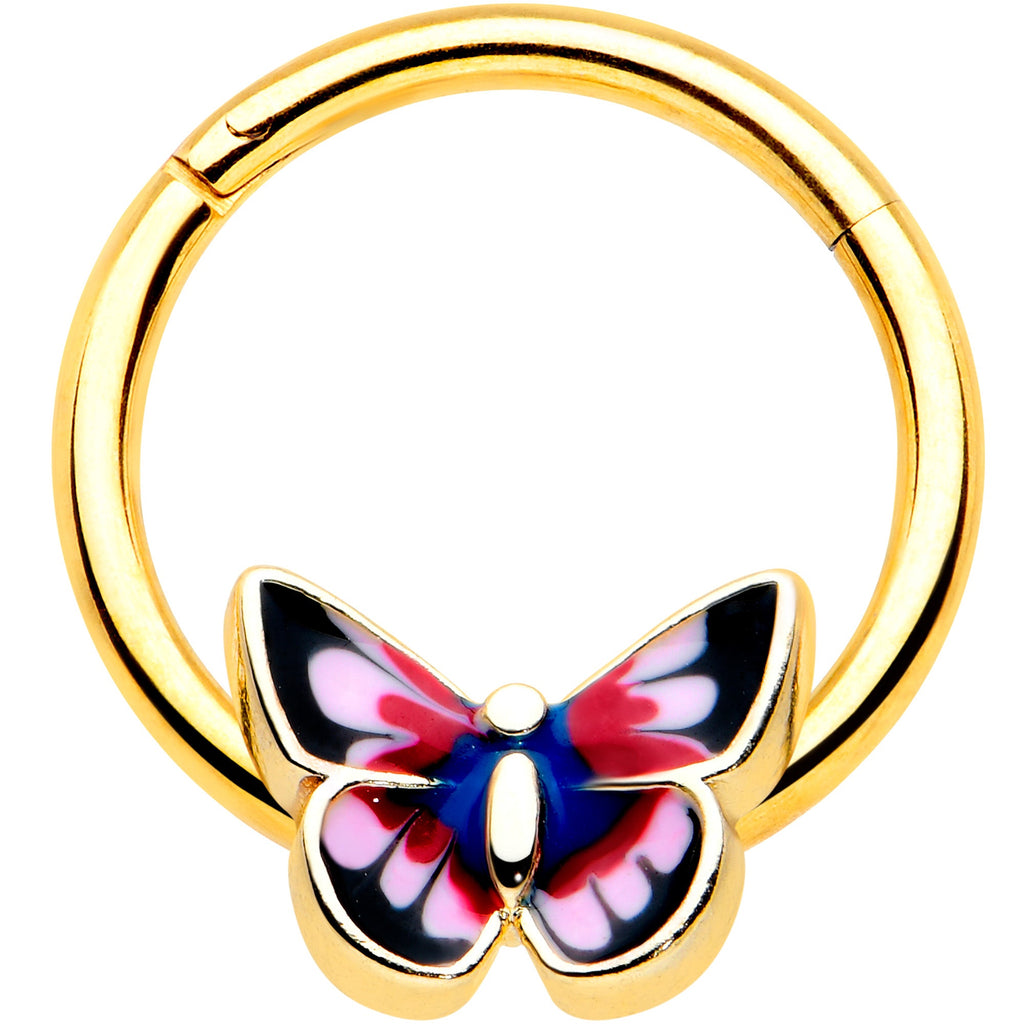 BodyCandy 16G 3/8 Gold Tone Red Pink Blue Butterfly Hinged Segment Ring — main product shot