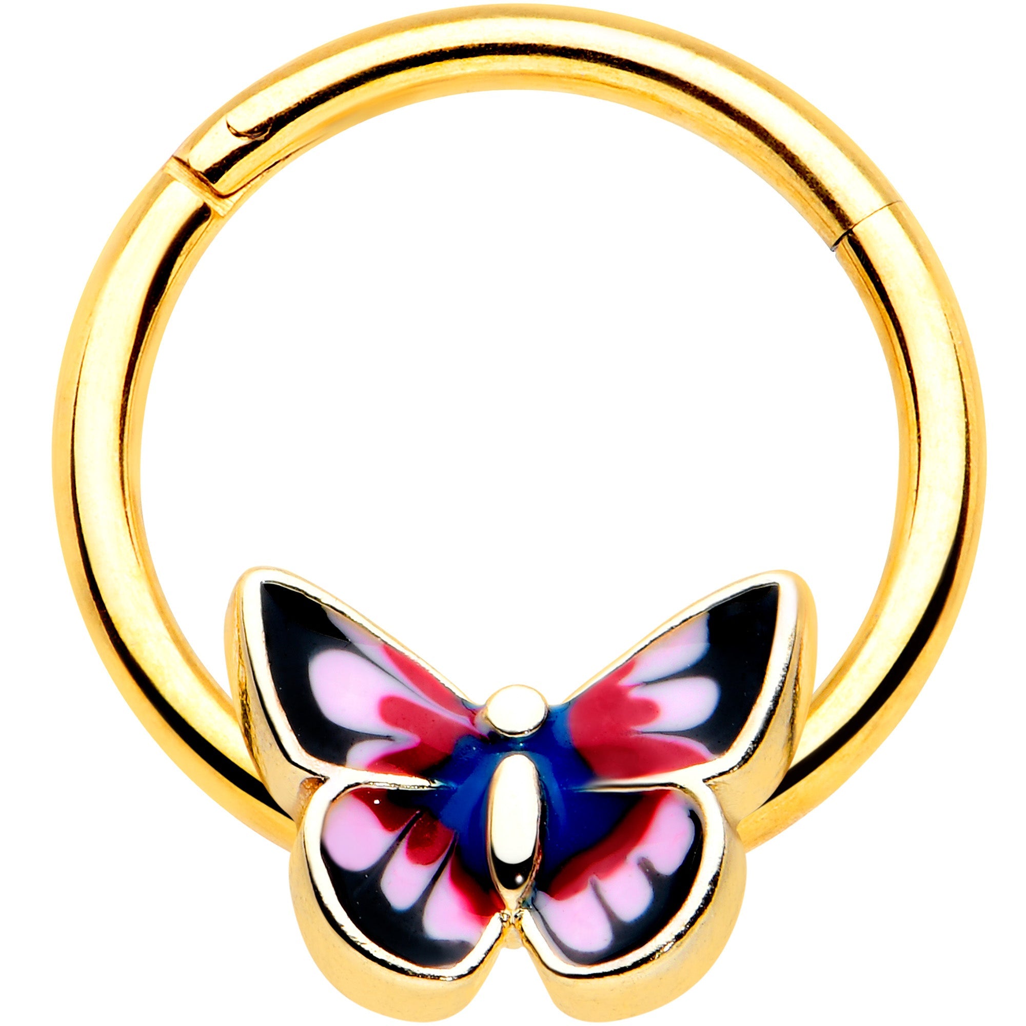 BodyCandy 16G 3/8 Gold Tone Red Pink Blue Butterfly Hinged Segment Ring — main product shot