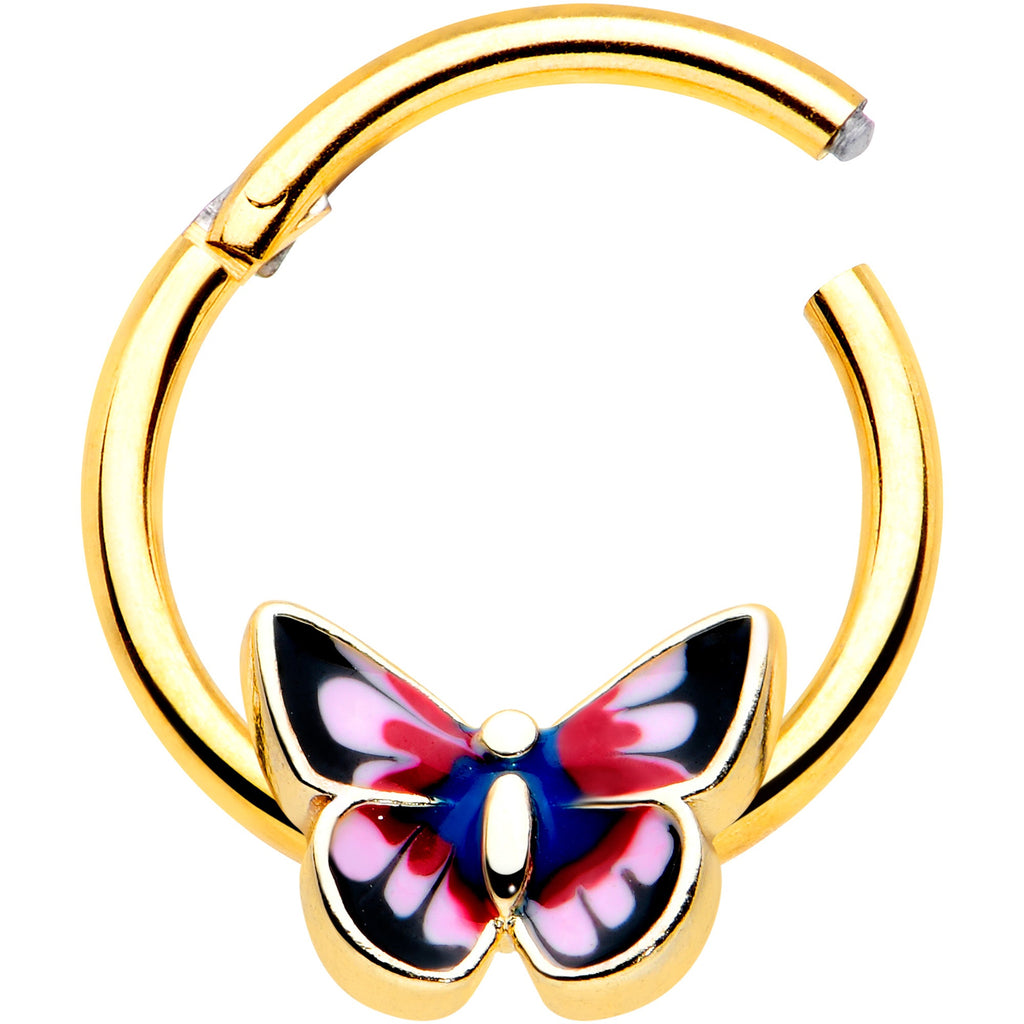 BodyCandy 16G 3/8 Gold Tone Red Pink Blue Butterfly Hinged Segment Ring — detail close-up