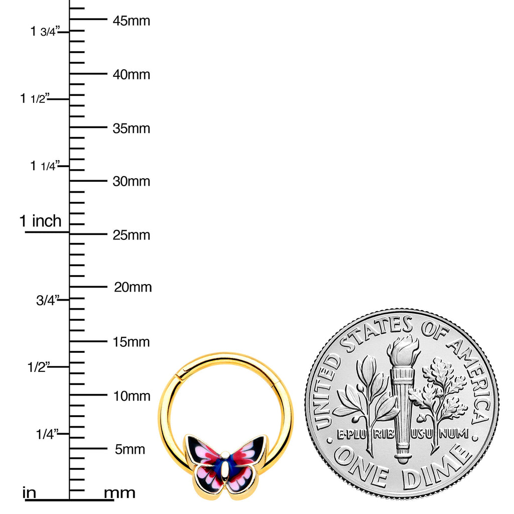 BodyCandy 16G 3/8 Gold Tone Red Pink Blue Butterfly Hinged Segment Ring — lifestyle context