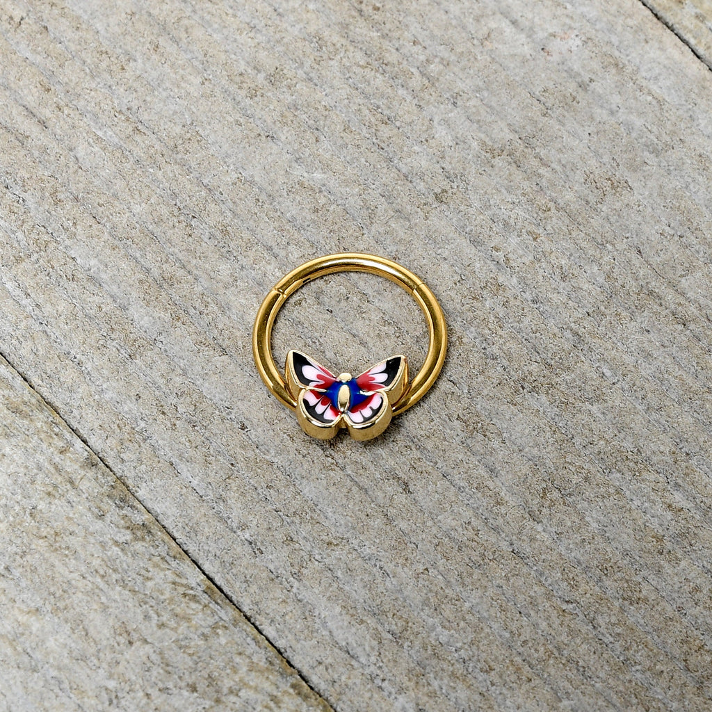 BodyCandy 16G 3/8 Gold Tone Red Pink Blue Butterfly Hinged Segment Ring — side view