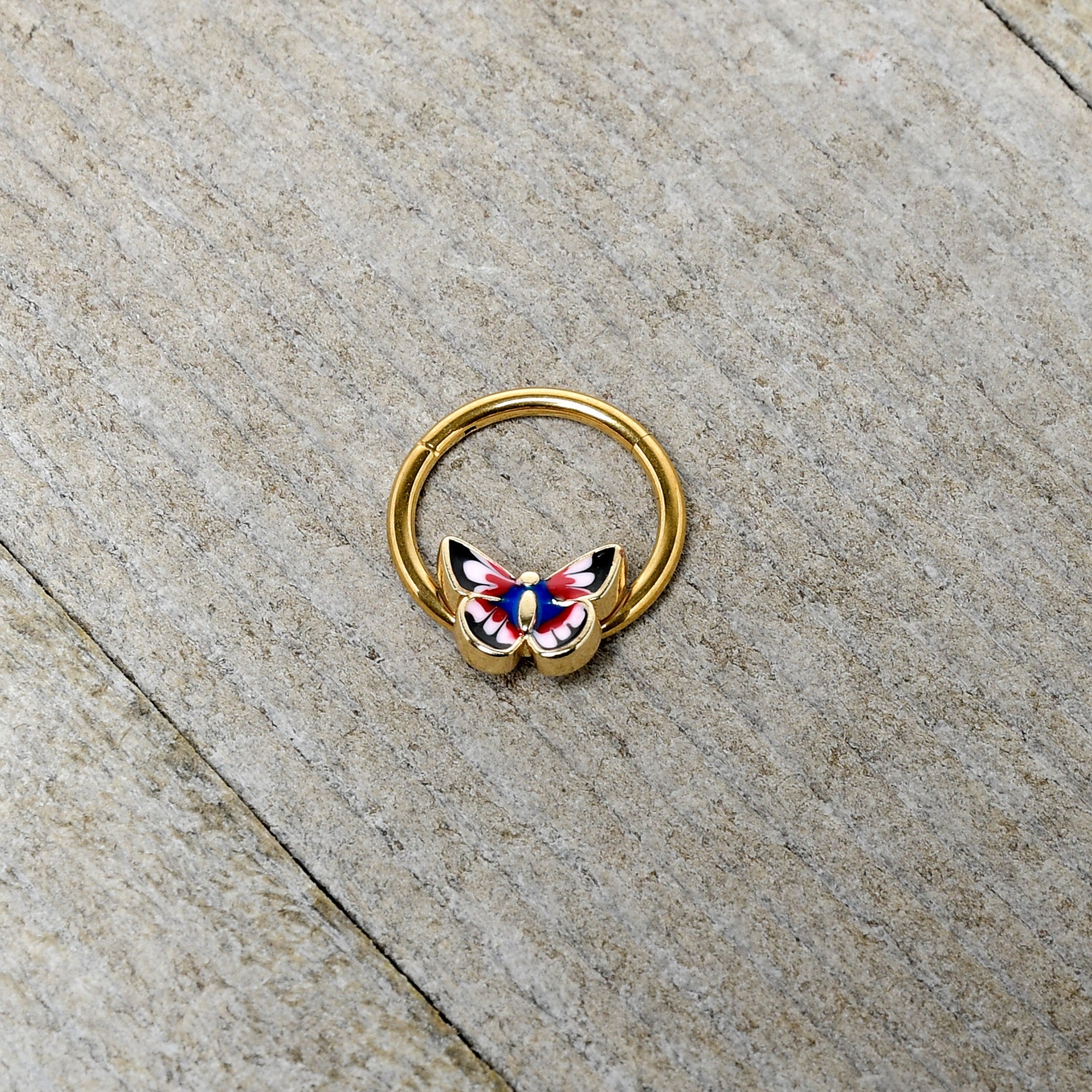 BodyCandy 16G 3/8 Gold Tone Red Pink Blue Butterfly Hinged Segment Ring — side view