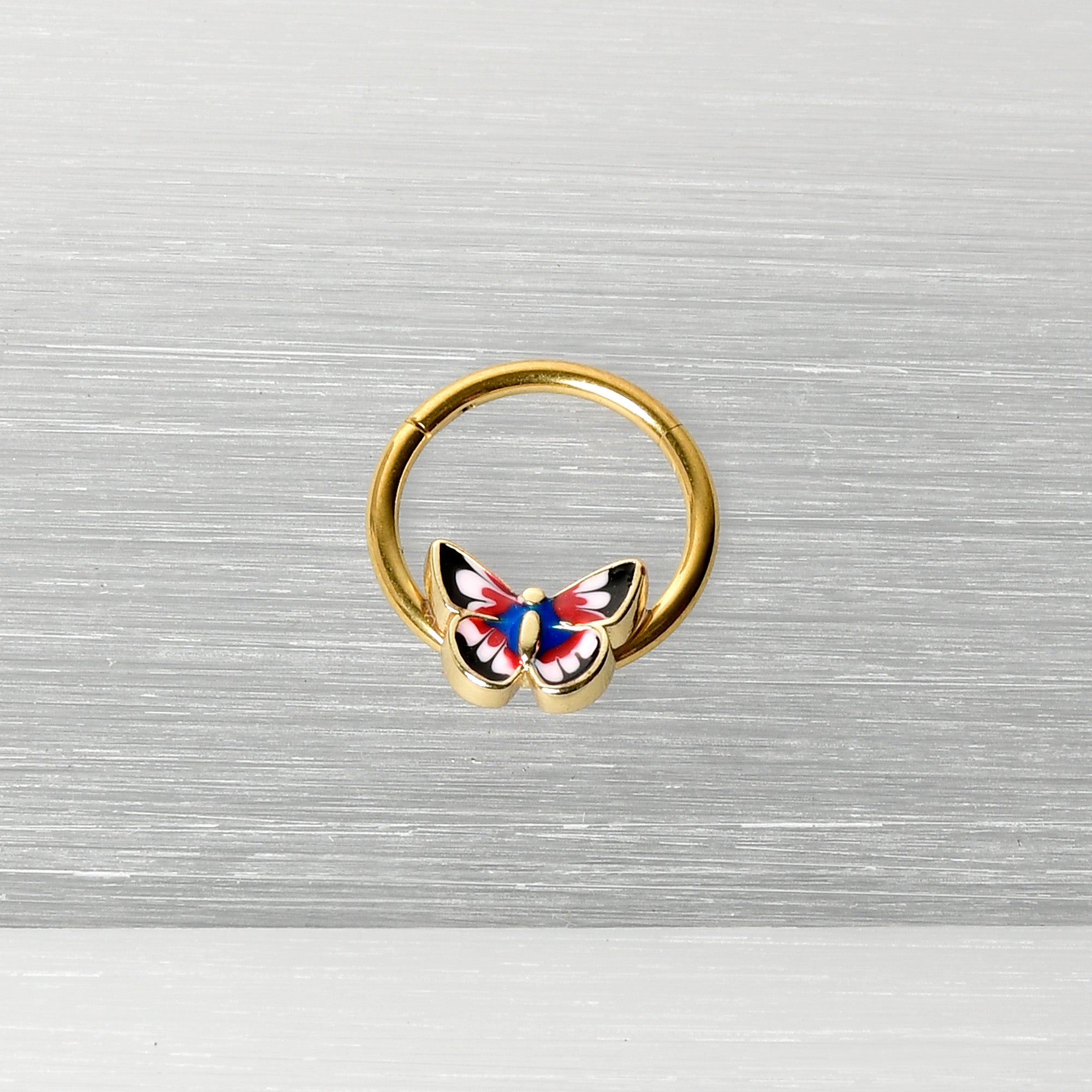 BodyCandy 16G 3/8 Gold Tone Red Pink Blue Butterfly Hinged Segment Ring — back view