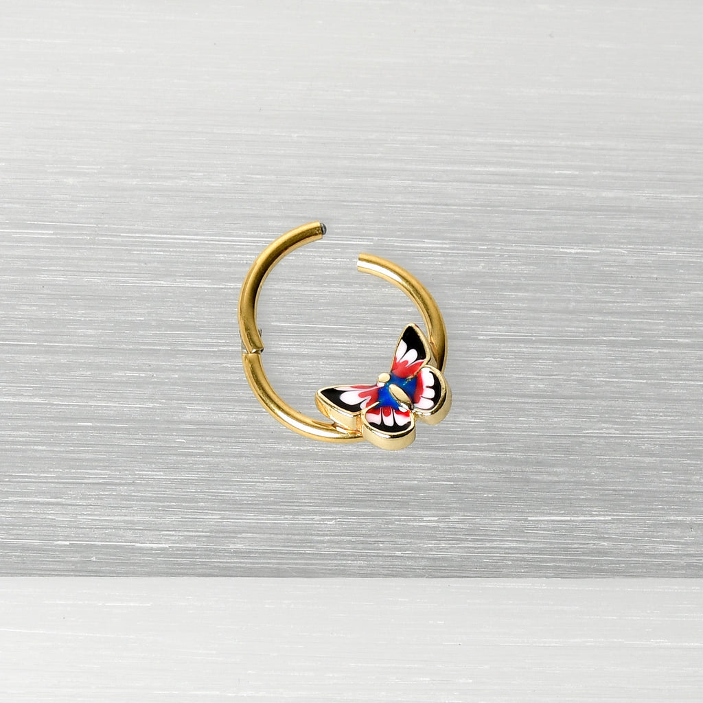 BodyCandy 16G 3/8 Gold Tone Red Pink Blue Butterfly Hinged Segment Ring — alternative angle