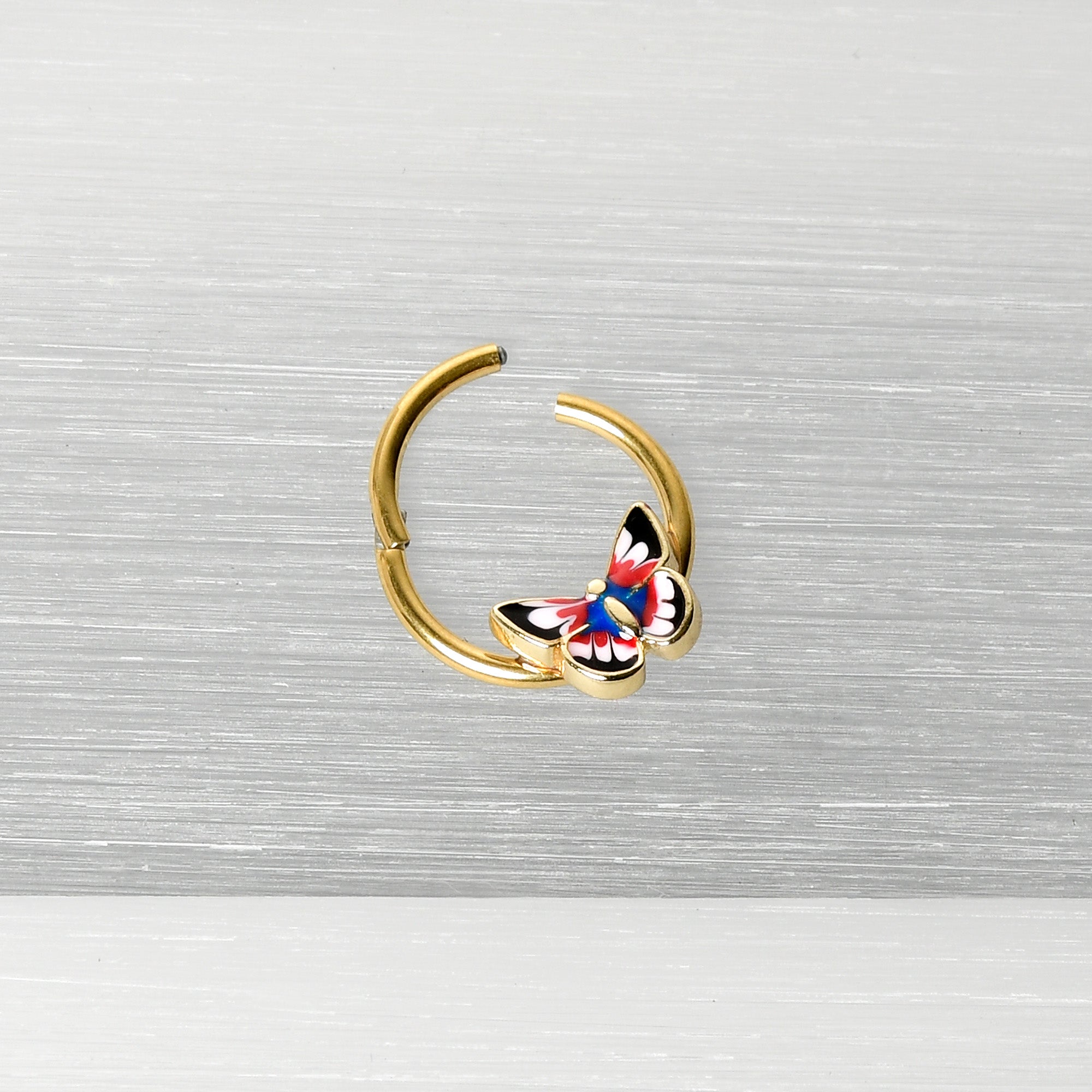BodyCandy 16G 3/8 Gold Tone Red Pink Blue Butterfly Hinged Segment Ring — alternative angle